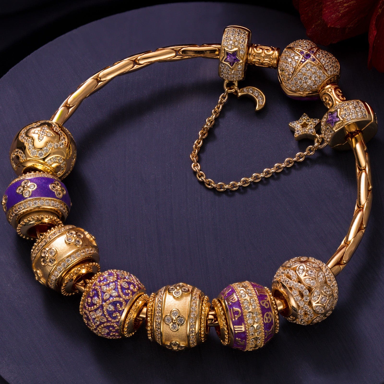 Sterling Silver Purple Petals of Destiny Charms Bracelet Set With Enamel In 14K Gold Plated (Includes bracelet and all charms shown) - Image 3