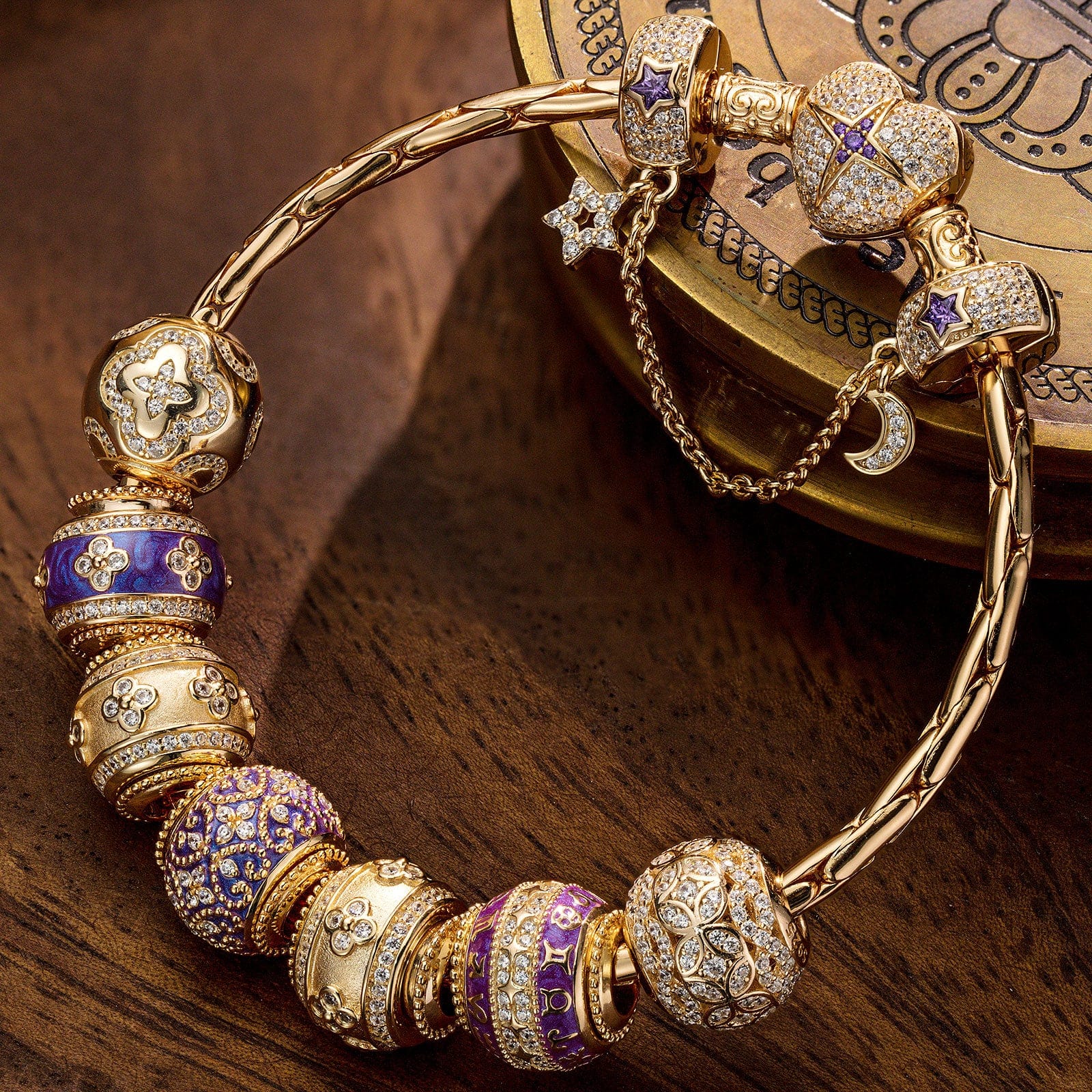 Sterling Silver Purple Petals of Destiny Charms Bracelet Set With Enamel In 14K Gold Plated (Includes bracelet and all charms shown) - Image 2