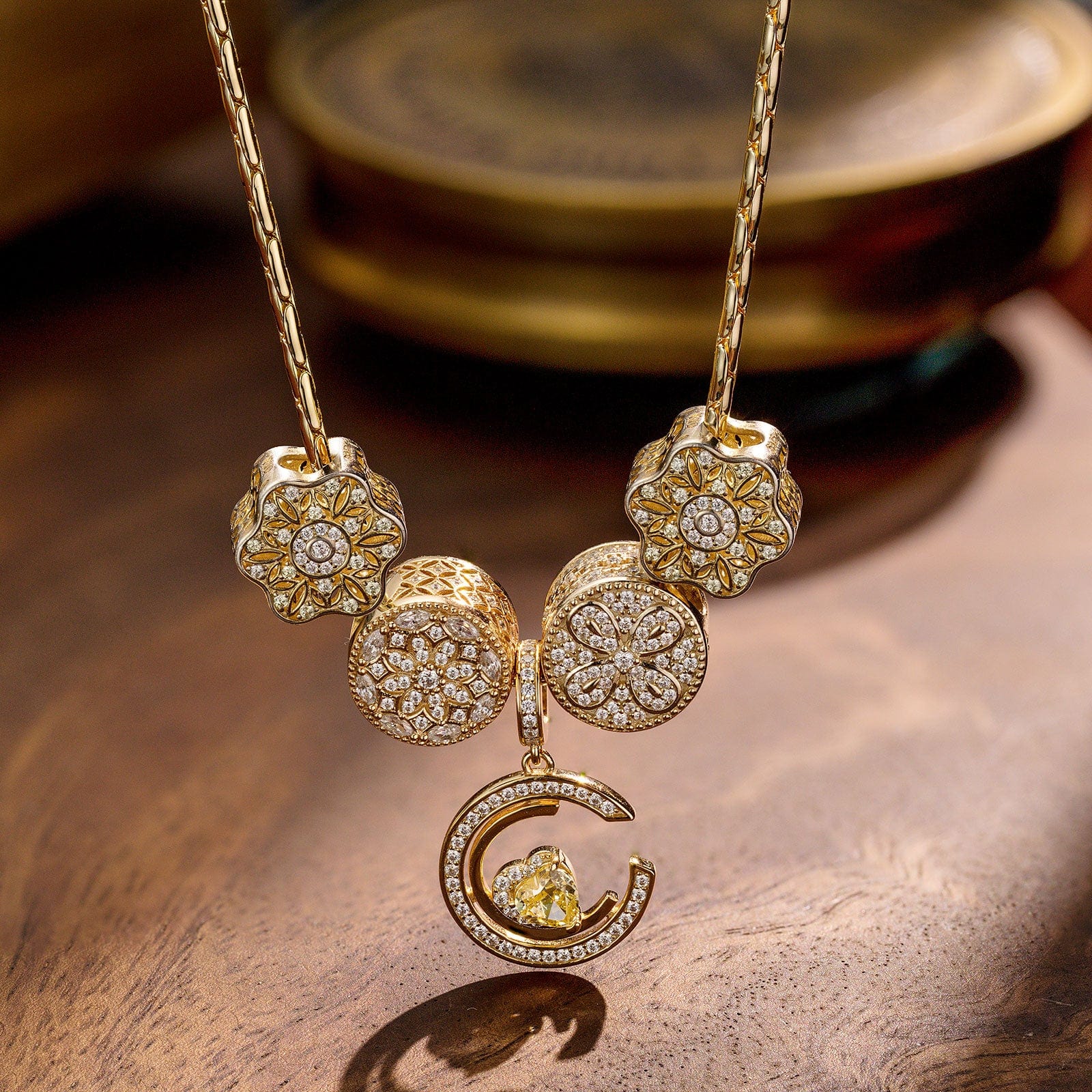 Sterling Silver Moonlit Romance Charms Necklace Set In 14K Gold Plated - Image 6