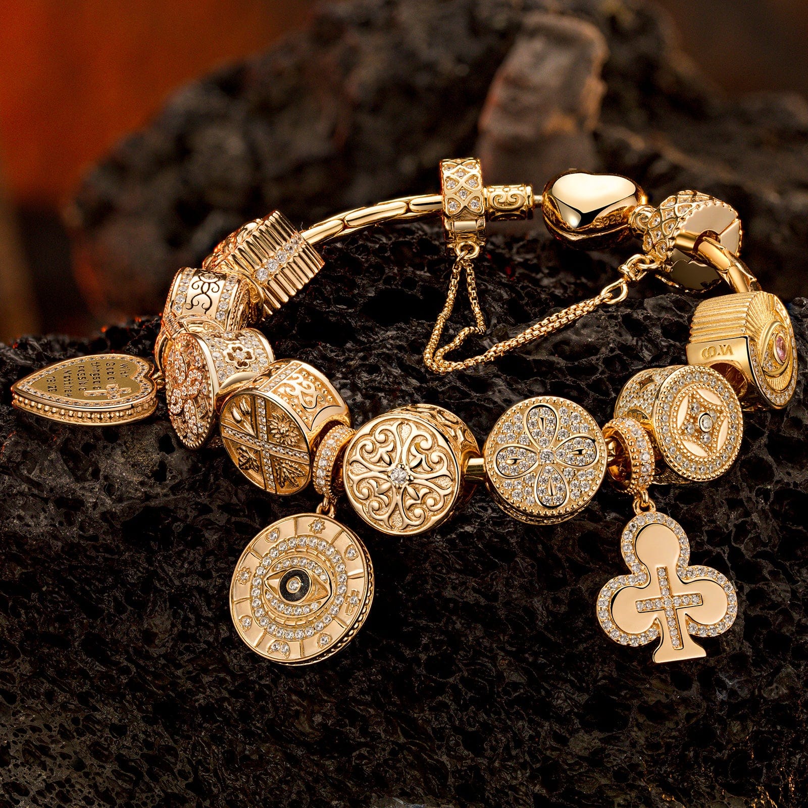 Sterling Silver Blessings and Golden Floral Charms Bracelet Set In 14K Gold Plated (Includes bracelet and all charms shown) - Image 2