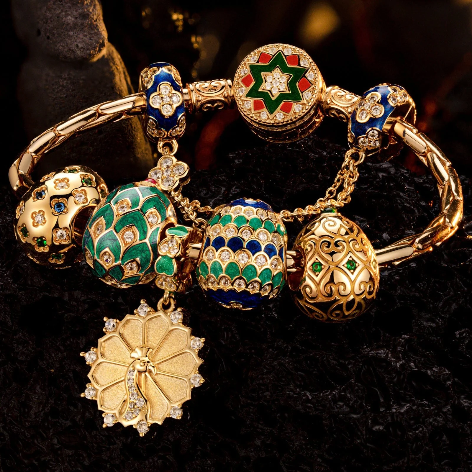 Sterling Silver Brilliance in Blue-Green Charms Bracelet Set With Enamel In 14K Gold Plated (Includes bracelet and all charms shown) - Image 2