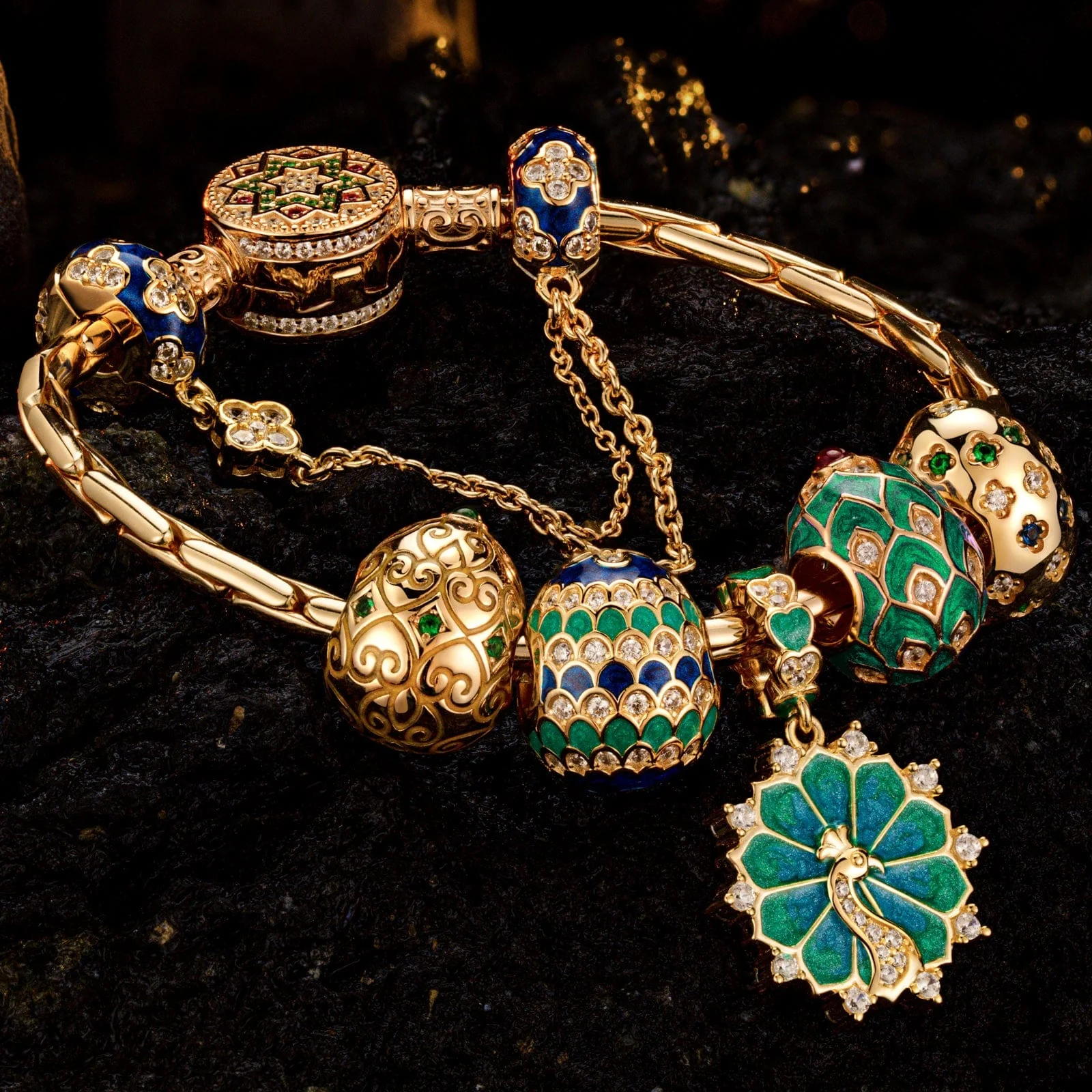 Sterling Silver Brilliance in Blue-Green Charms Bracelet Set With Enamel In 14K Gold Plated (Includes bracelet and all charms shown) - Image 3