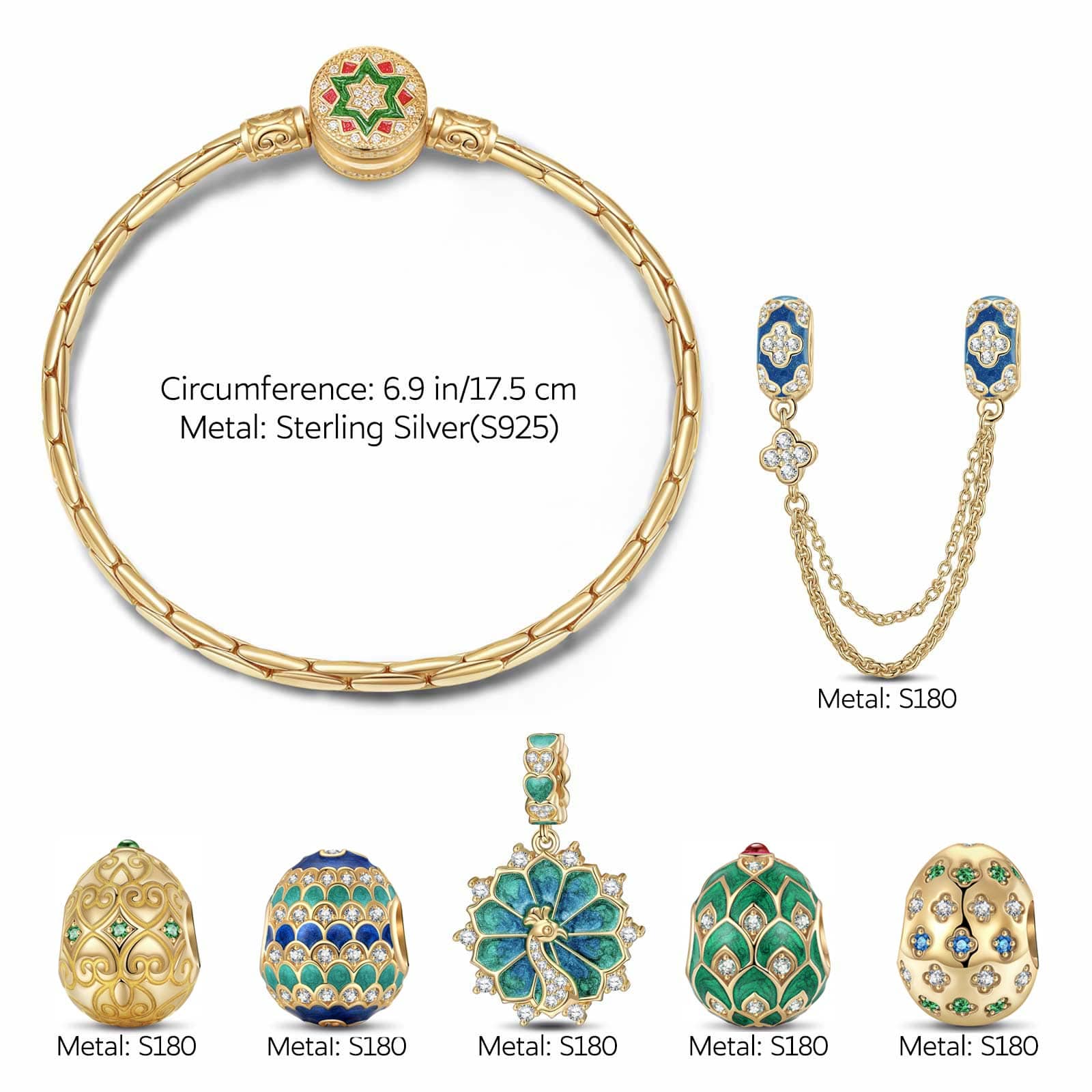 Sterling Silver Brilliance in Blue-Green Charms Bracelet Set With Enamel In 14K Gold Plated (Includes bracelet and all charms shown) - Image 4