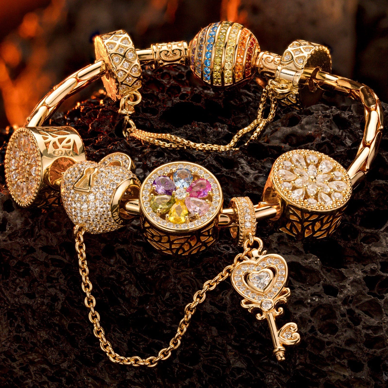 Sterling Silver Unlock the Color Bloom Charms Bracelet Set In 14K Gold Plated (Includes bracelet and all charms shown) - Image 2