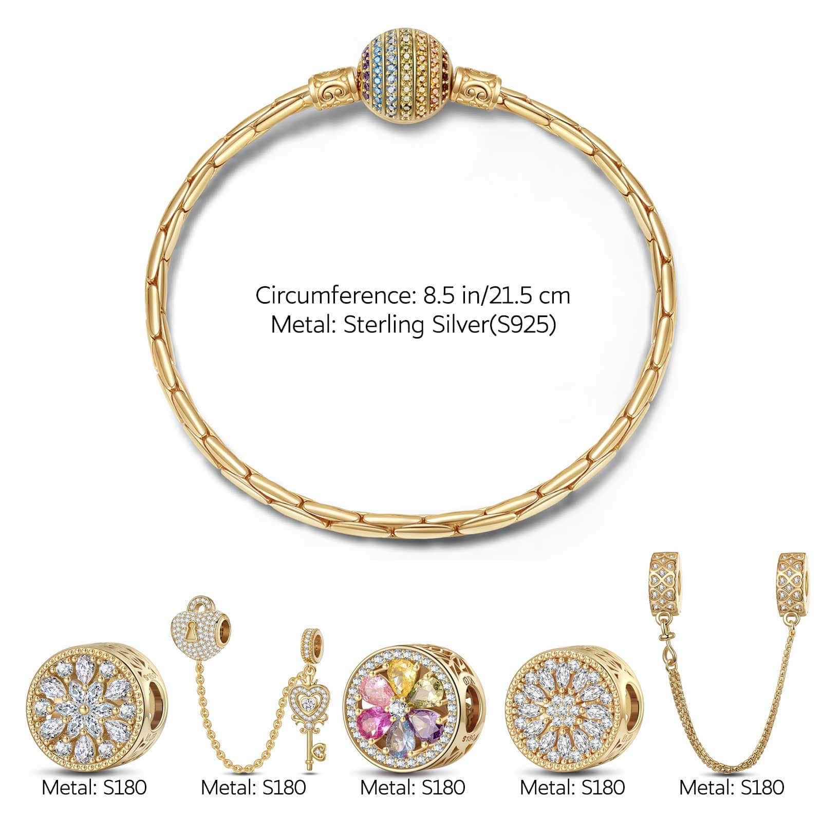 Sterling Silver Unlock the Color Bloom Charms Bracelet Set In 14K Gold Plated (Includes bracelet and all charms shown) - Image 3