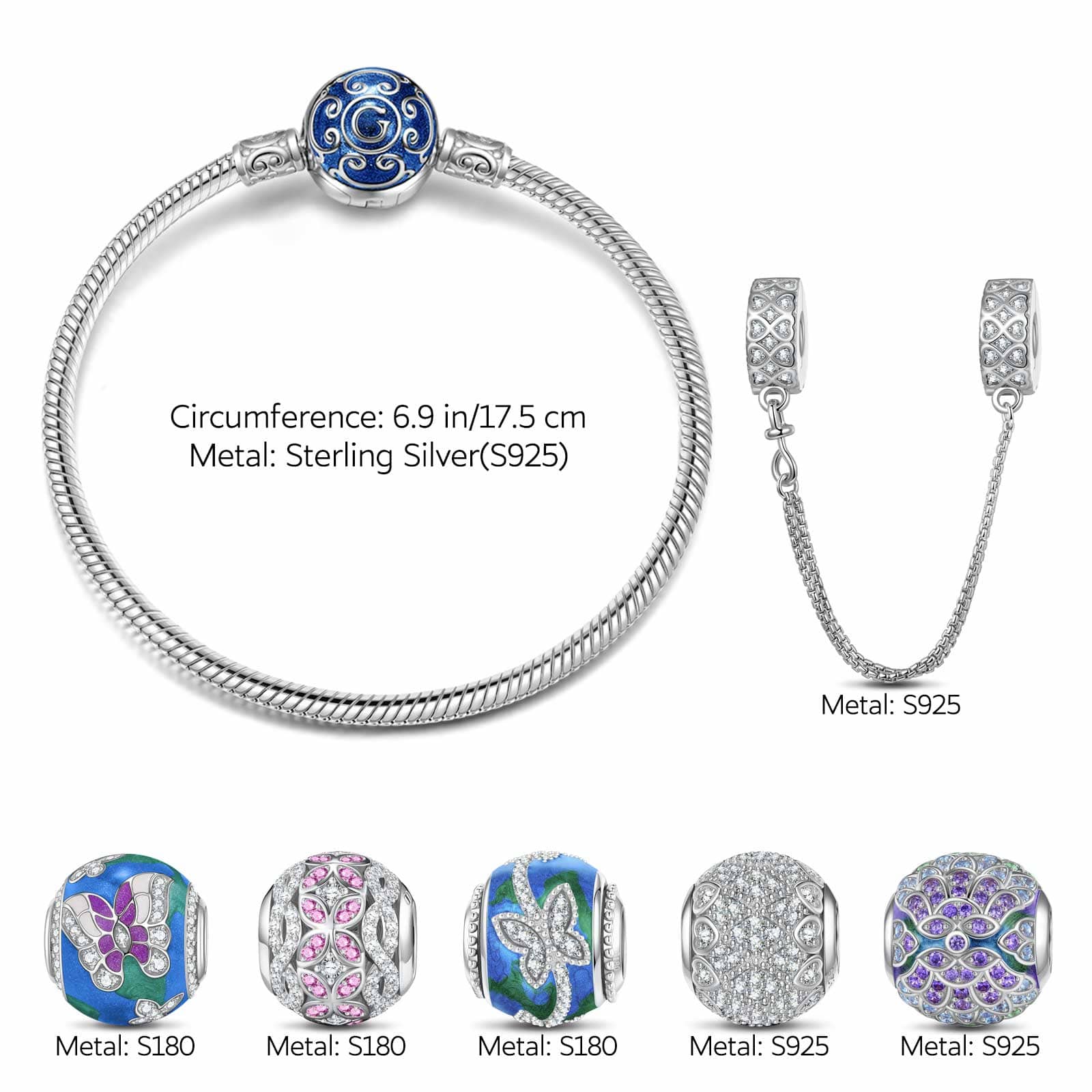 Sterling Silver Spring Blossom Butterfly Charms Bracelet Set With Enamel In White Gold Plated (Includes bracelet and all charms shown) - Image 3