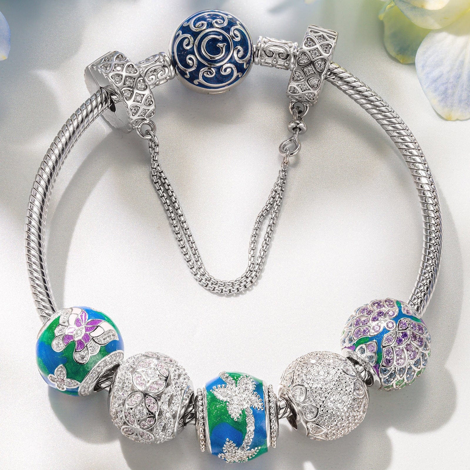 Sterling Silver Spring Blossom Butterfly Charms Bracelet Set With Enamel In White Gold Plated (Includes bracelet and all charms shown) - Image 2