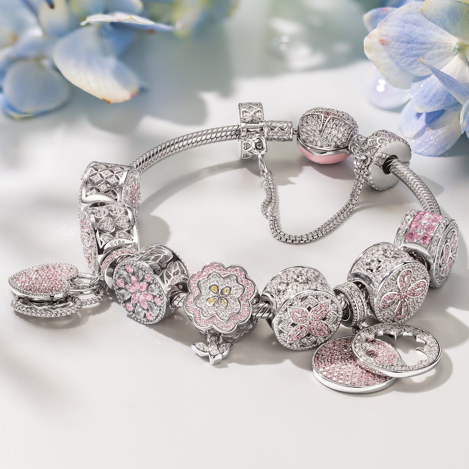 Sterling Silver Pink Clover Bloom Charms Bracelet Set In White Gold Plated (Includes bracelet and all charms shown) - Image 2