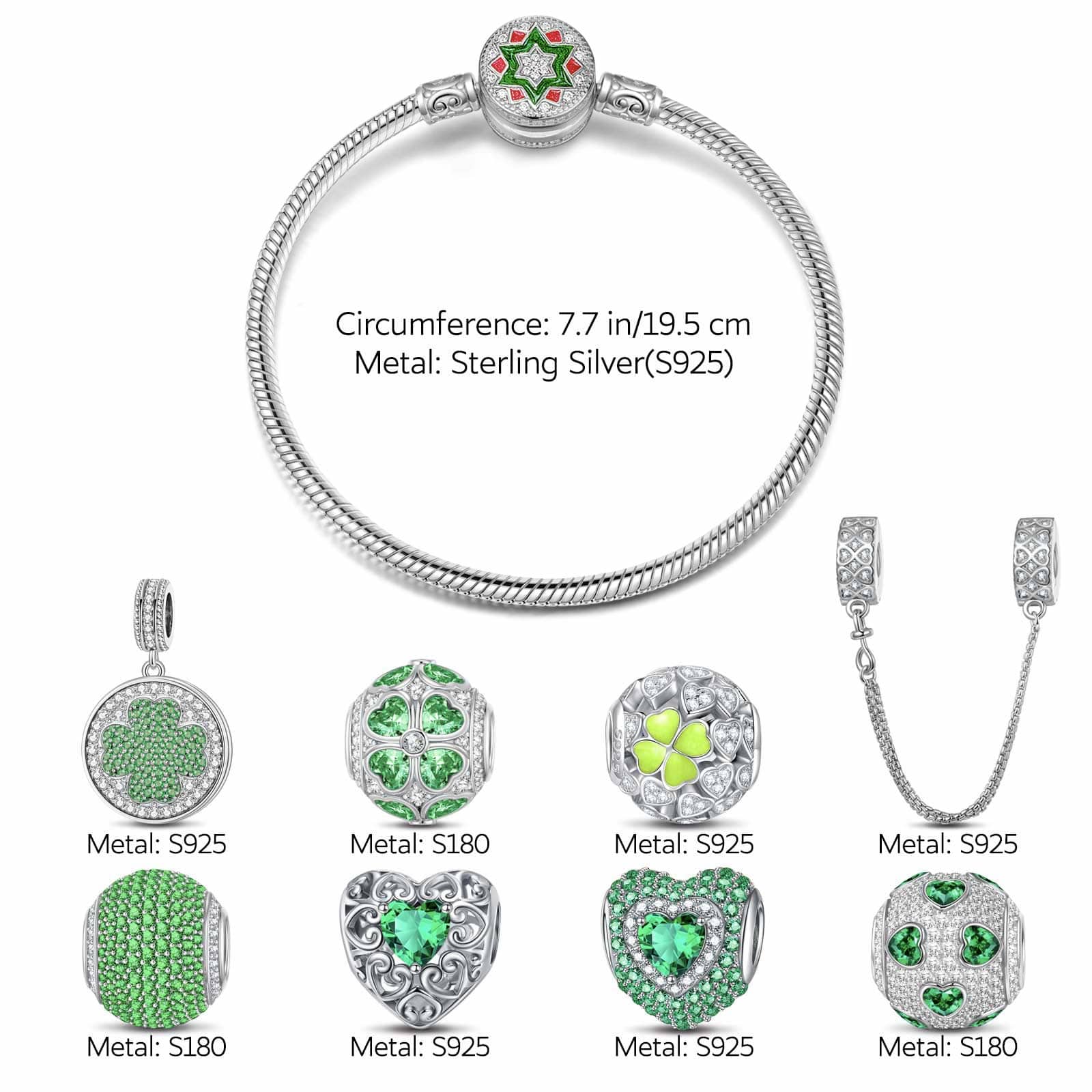 Sterling Silver Lucky Jade Clover Charms Bracelet Set With Enamel In White Gold Plated (Includes bracelet and all charms shown) - Image 3