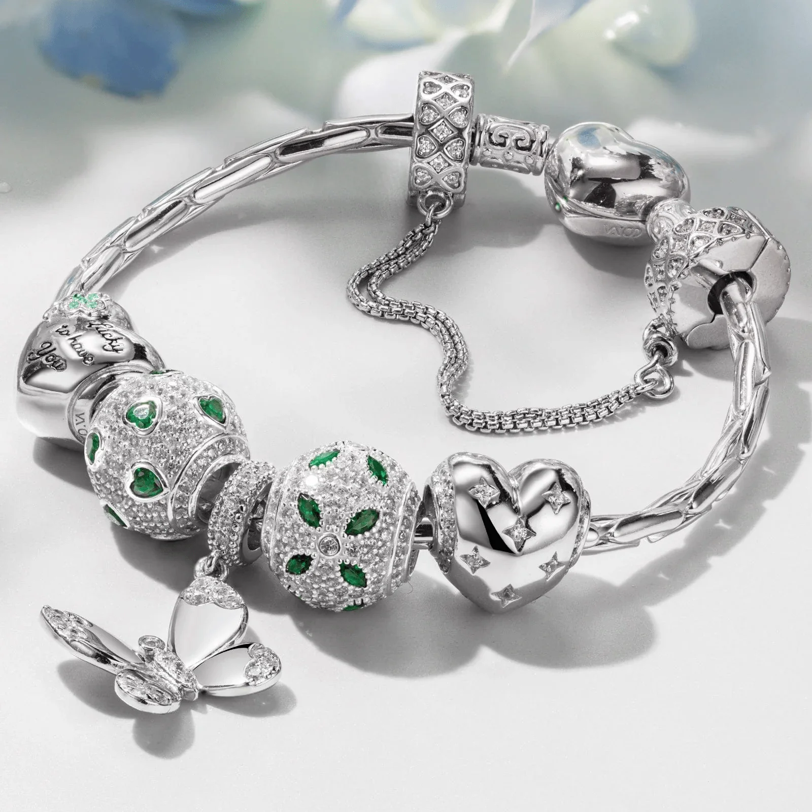 Sterling Silver Wings of Hope Butterfly Charms Bracelet Set In White Gold Plated (Includes bracelet and all charms shown)