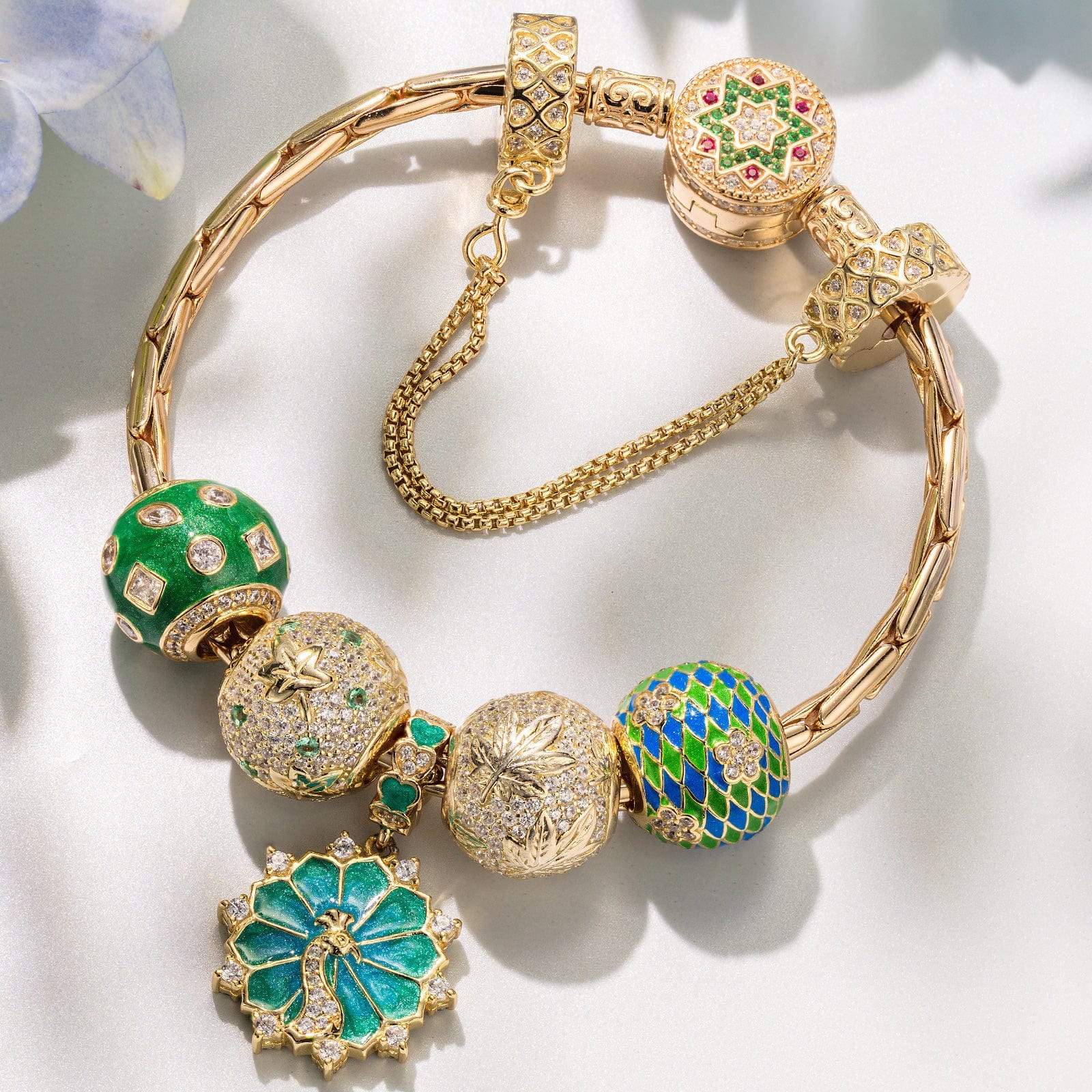 Sterling Silver Peacock Majesty Charms Bracelet Set With Enamel In 14K Gold Plated (Includes bracelet and all charms shown) - Image 2