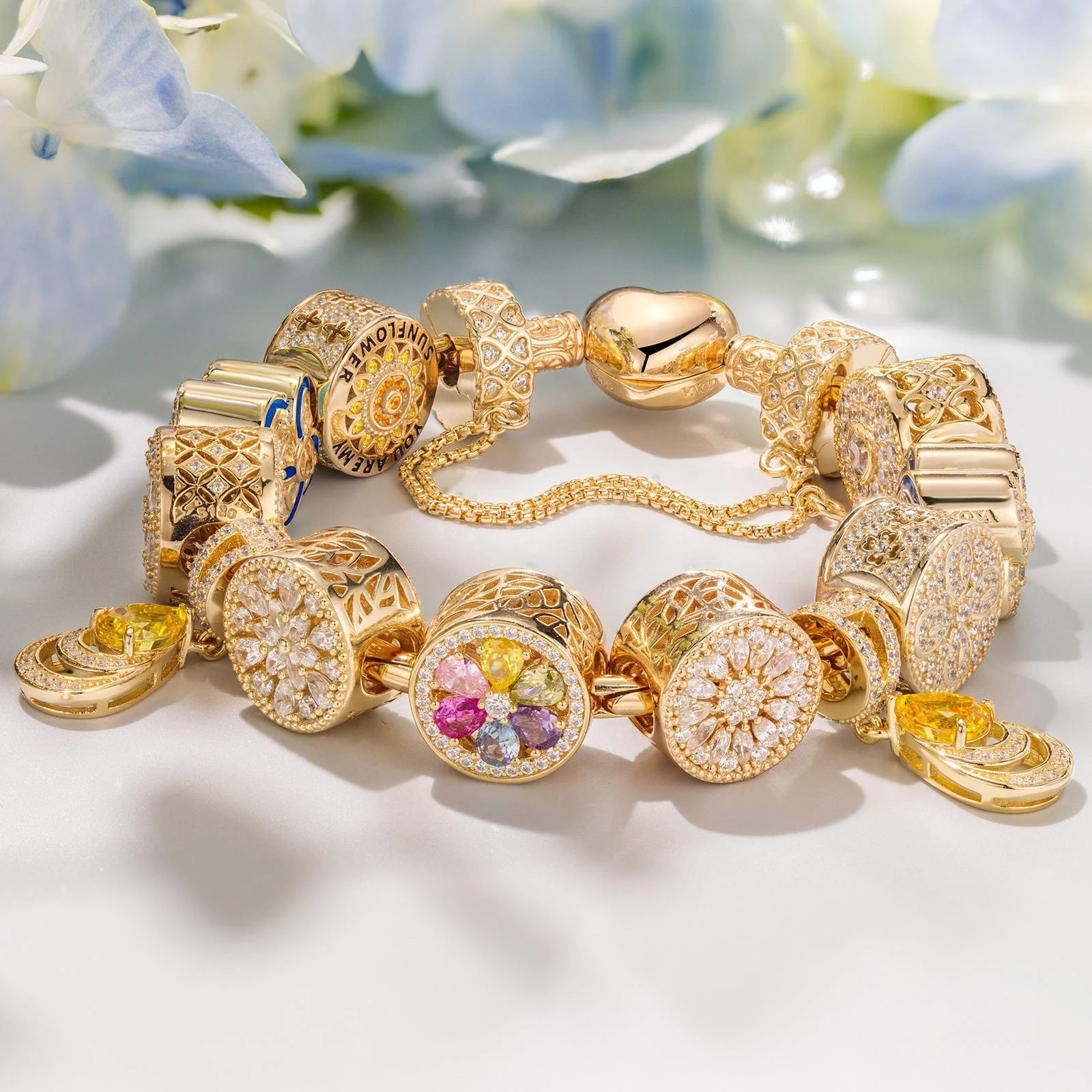 Sterling Silver Blooming Petals of Love Charms Bracelet Set In 14K Gold Plated (Includes bracelet and all charms shown) - Image 2