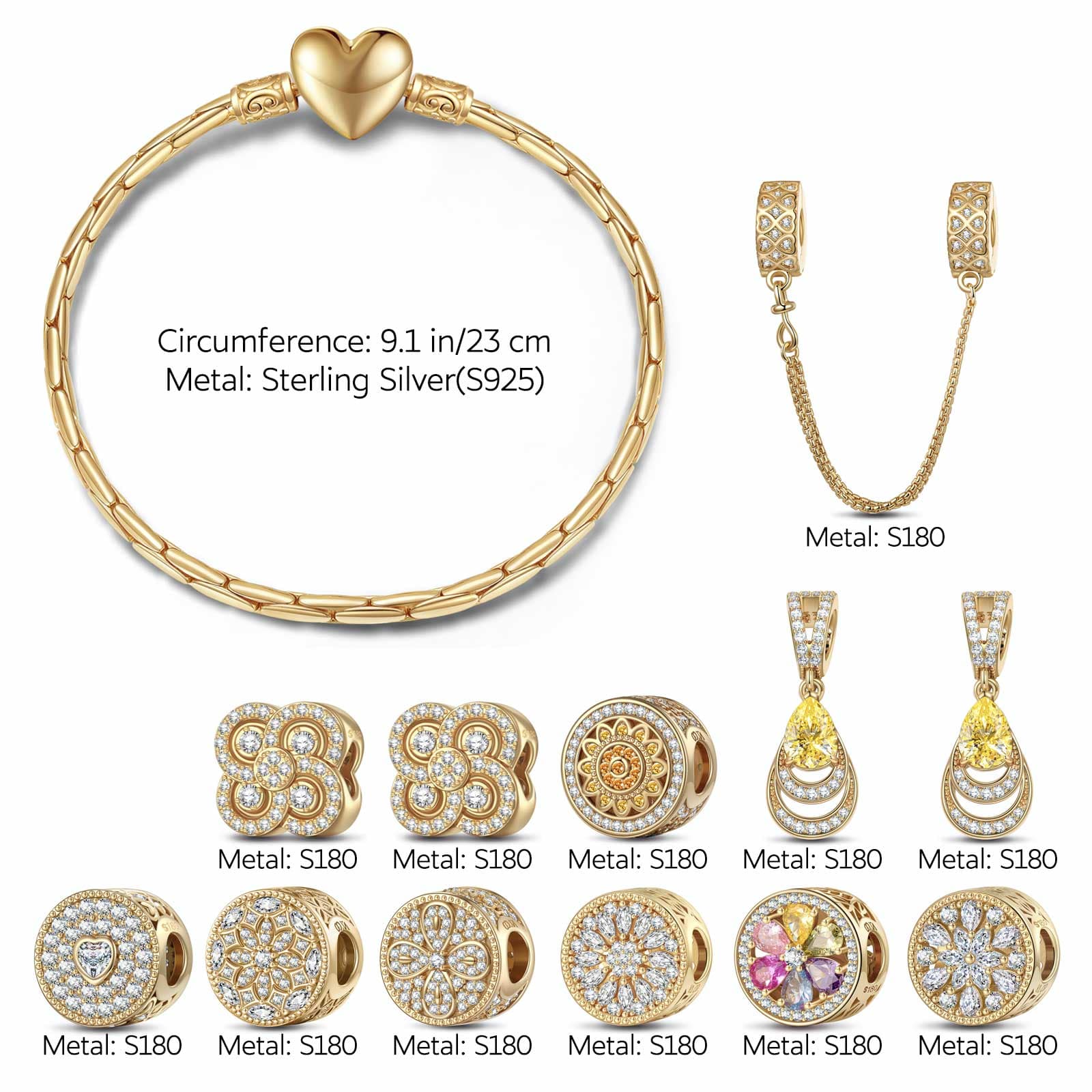 Sterling Silver Blooming Petals of Love Charms Bracelet Set In 14K Gold Plated (Includes bracelet and all charms shown) - Image 3