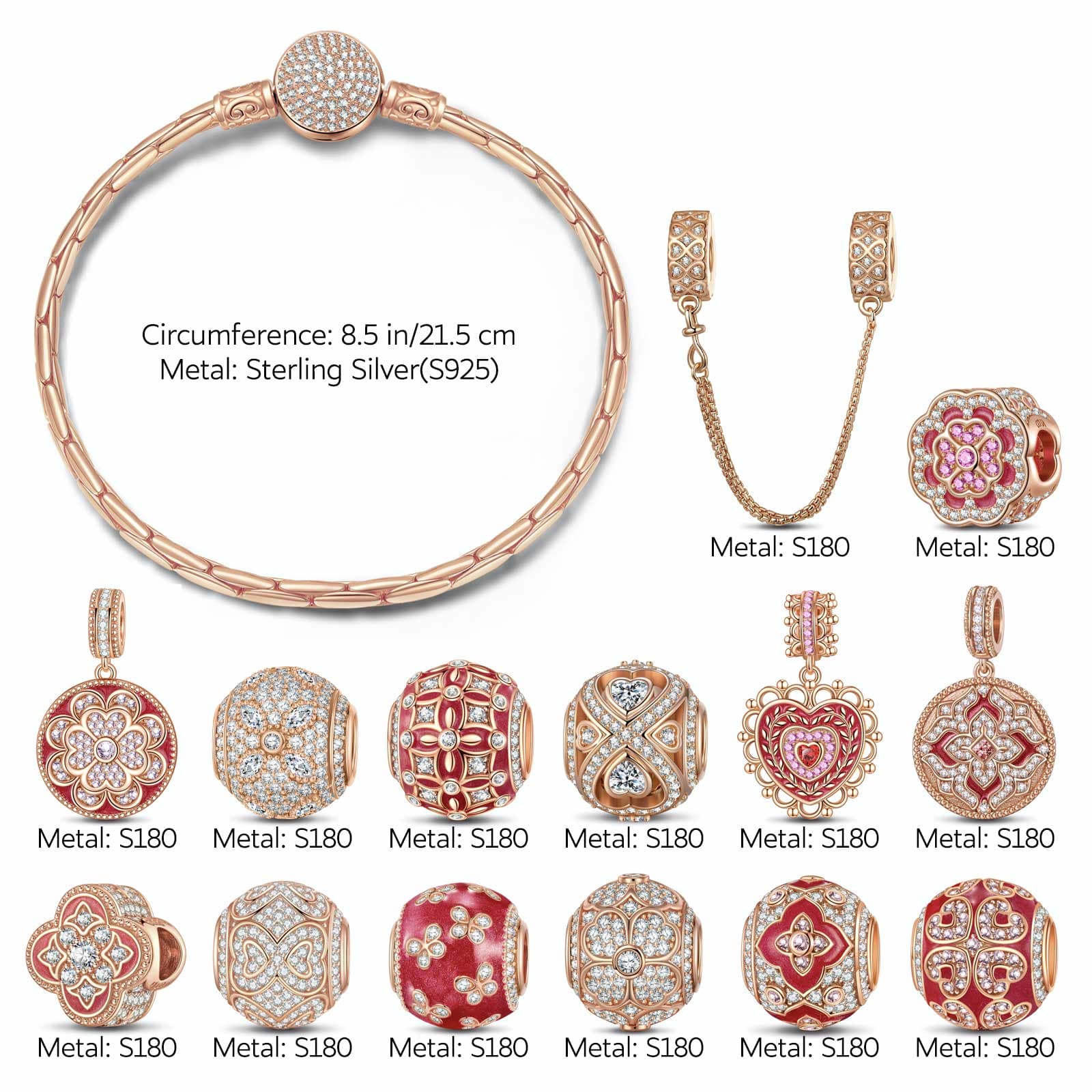 [💥As @JeannieBASMR's Pick] Sterling Silver Forever Blooming Charms Bracelet Set With Enamel In Rose Gold Plated (Includes bracelet and all charms shown) - Image 2