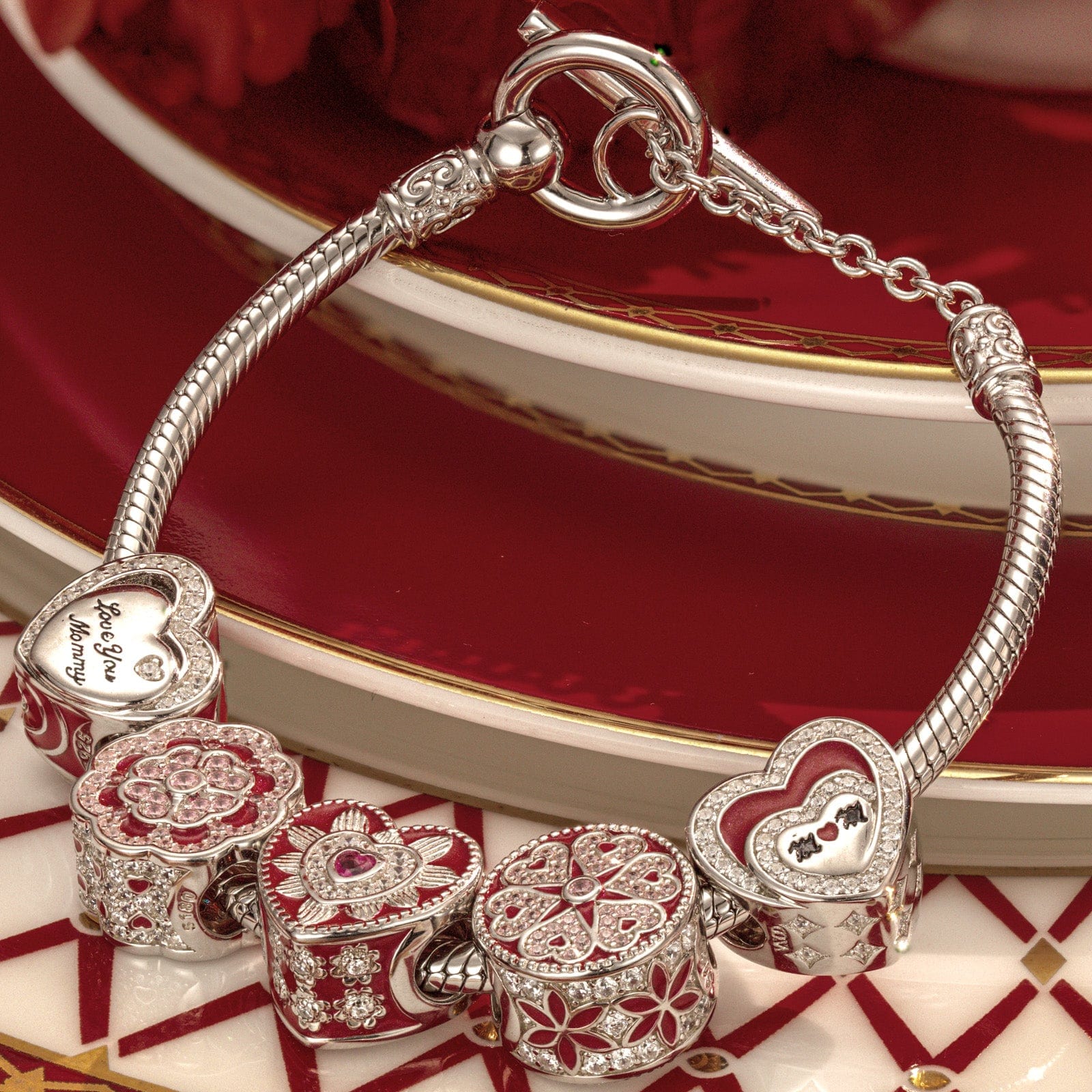 Sterling Silver Love Like Brilliant Blossoming Charms Bracelet Set With Enamel In White Gold Plated (Includes bracelet and all charms shown) - Image 2