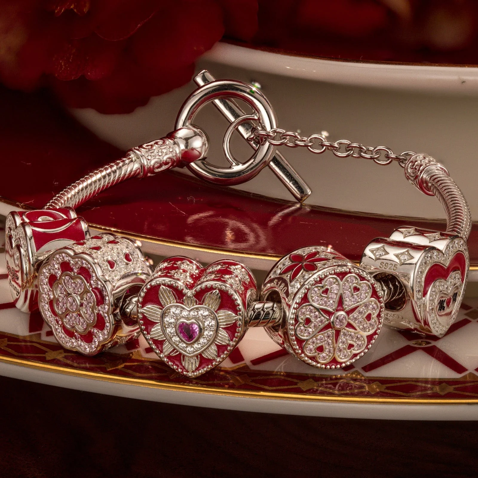 Sterling Silver Love Like Brilliant Blossoming Charms Bracelet Set With Enamel In White Gold Plated (Includes bracelet and all charms shown) - Image 3