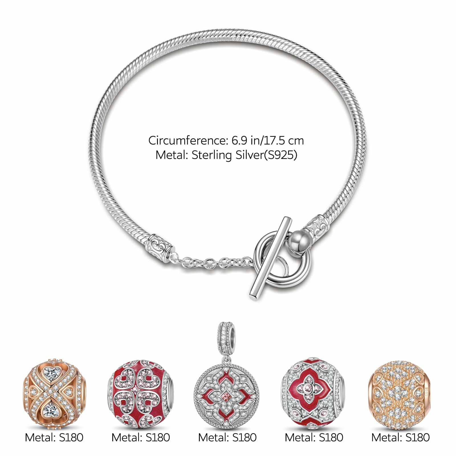 Sterling Silver Timeless Embrace Charms Bracelet Set With Enamel, Featuring Dual Plating in White Gold and Rose Gold (Includes bracelet and all charms shown) - Image 3