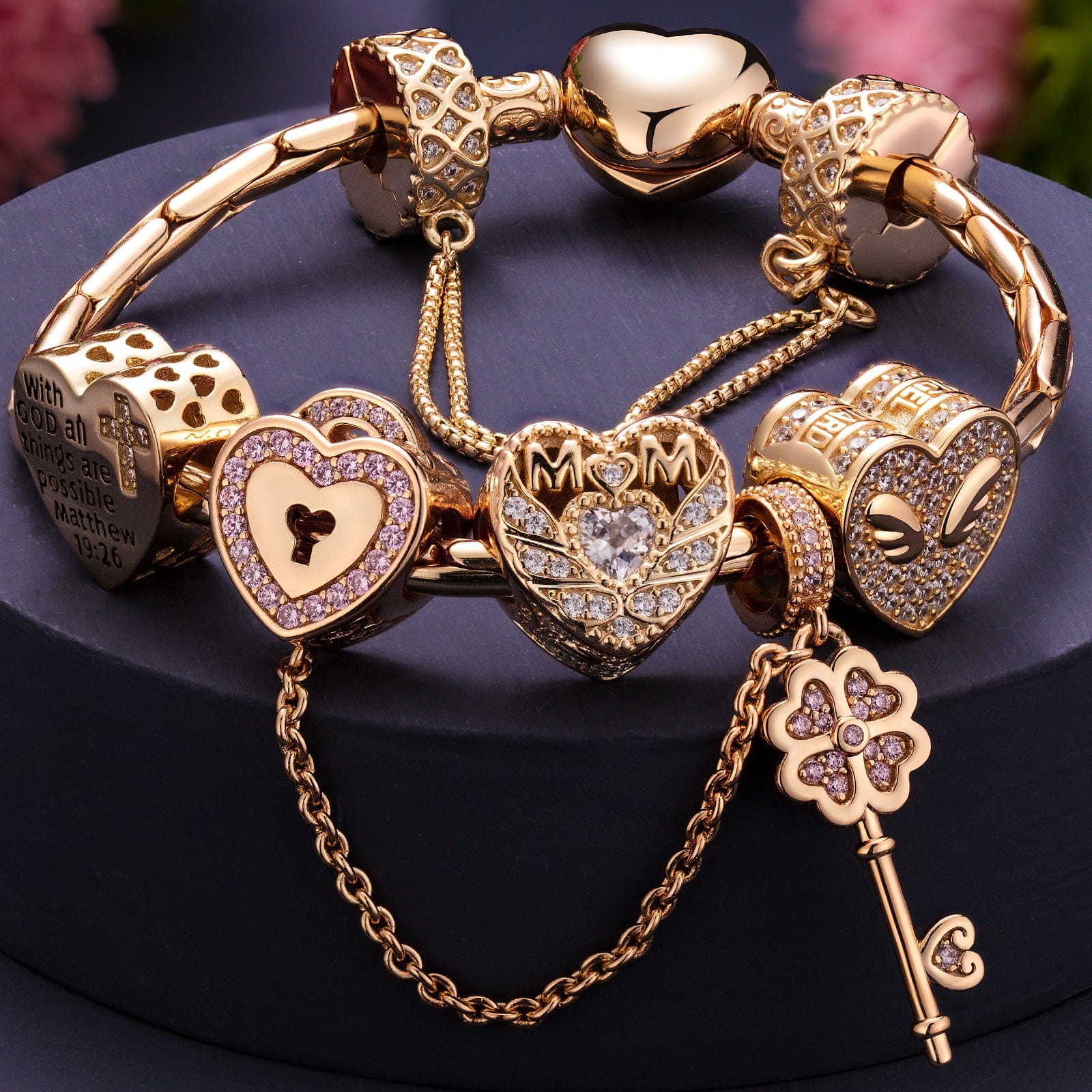 Sterling Silver Love to Mom Charms Bracelet Set With Enamel In 14K Gold Plated (Includes bracelet and all charms shown) - Image 4
