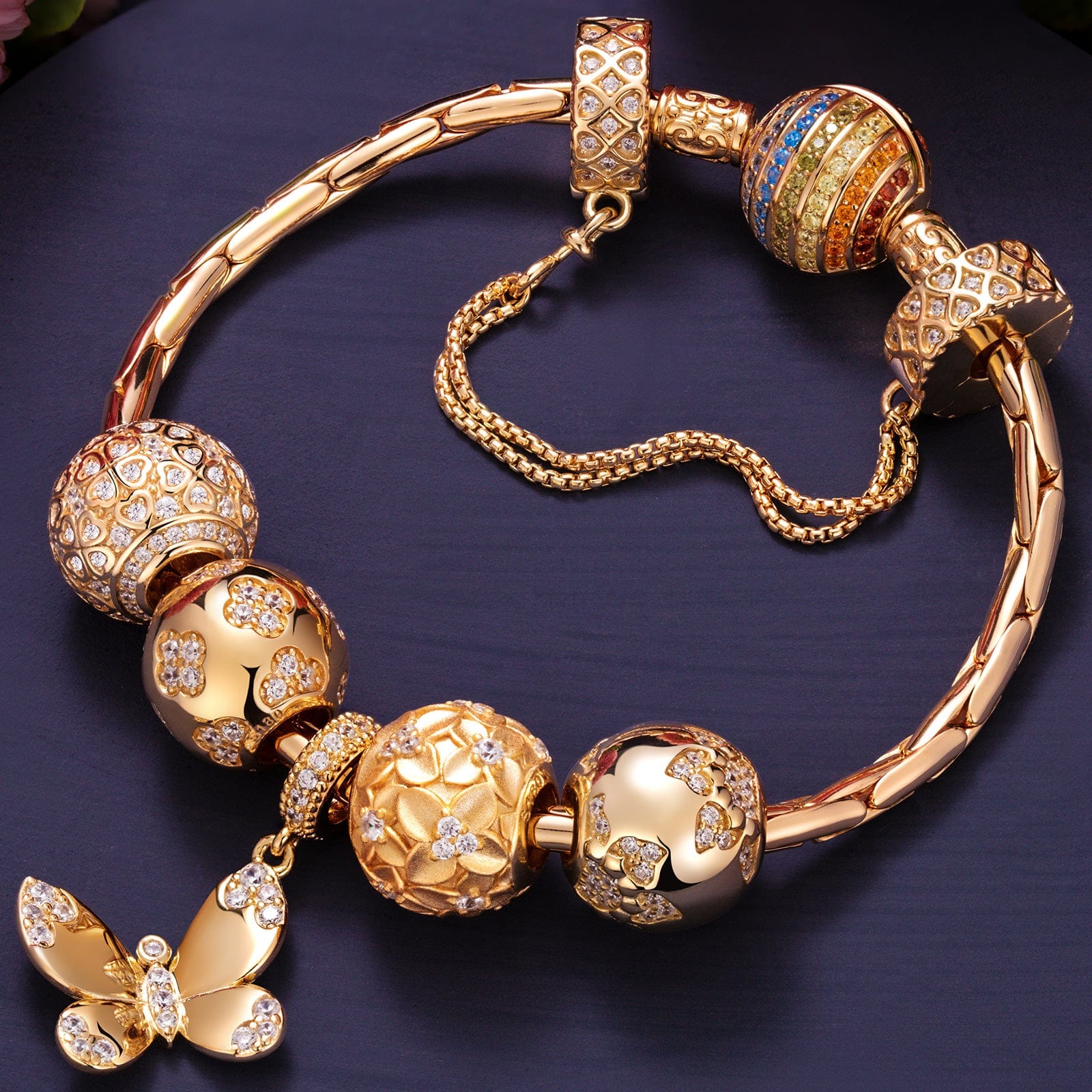 Sterling Silver Golden Butterfly and Blooms Charms Bracelet Set In 14K Gold Plated (Includes bracelet and all charms shown) - Image 2