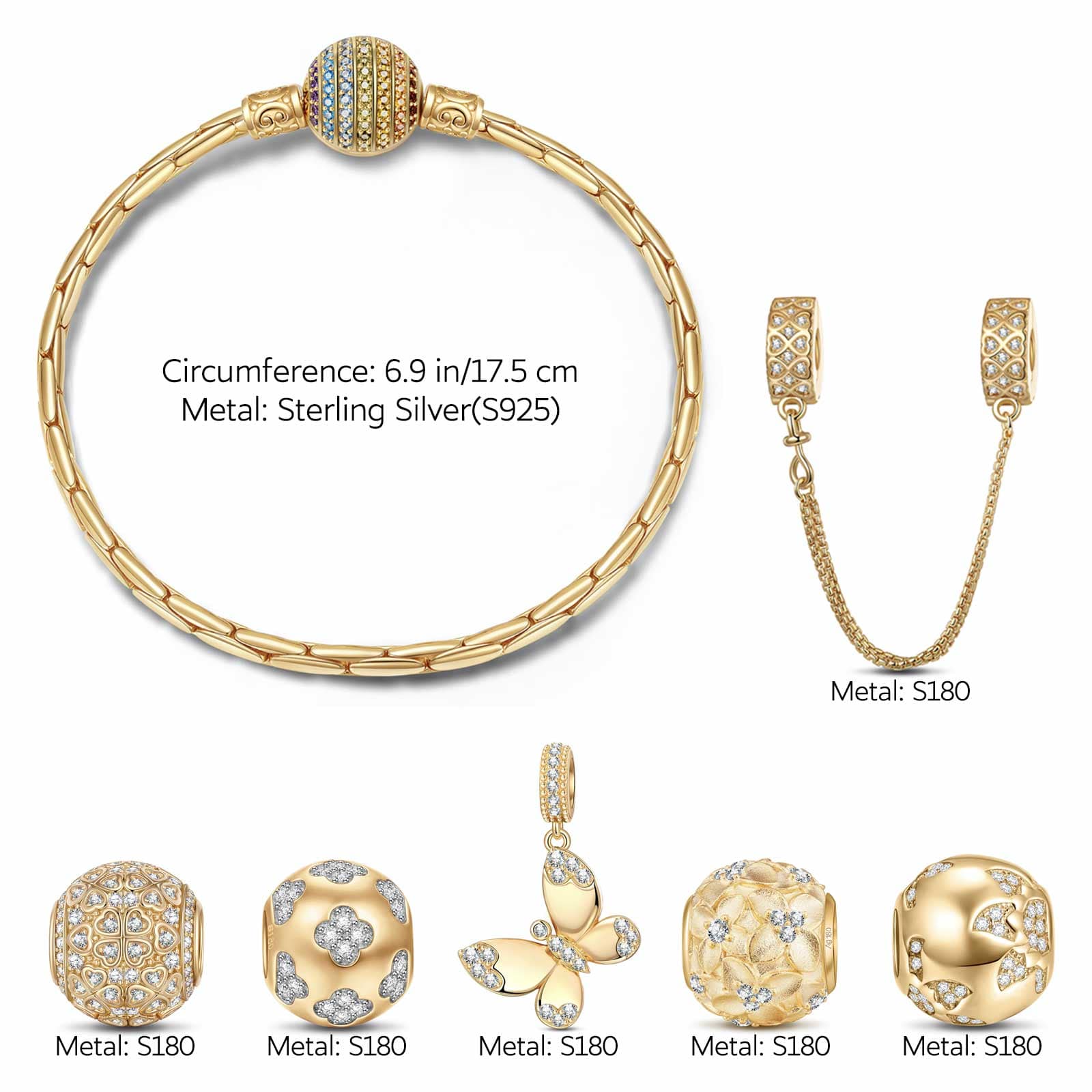 Sterling Silver Golden Butterfly and Blooms Charms Bracelet Set In 14K Gold Plated (Includes bracelet and all charms shown) - Image 3