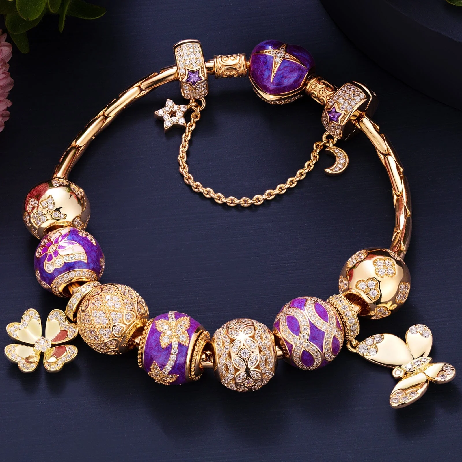 Sterling Silver Wings of Spring Charms Bracelet Set With Enamel In 14K Gold Plated (Includes bracelet and all charms shown) - Image 2