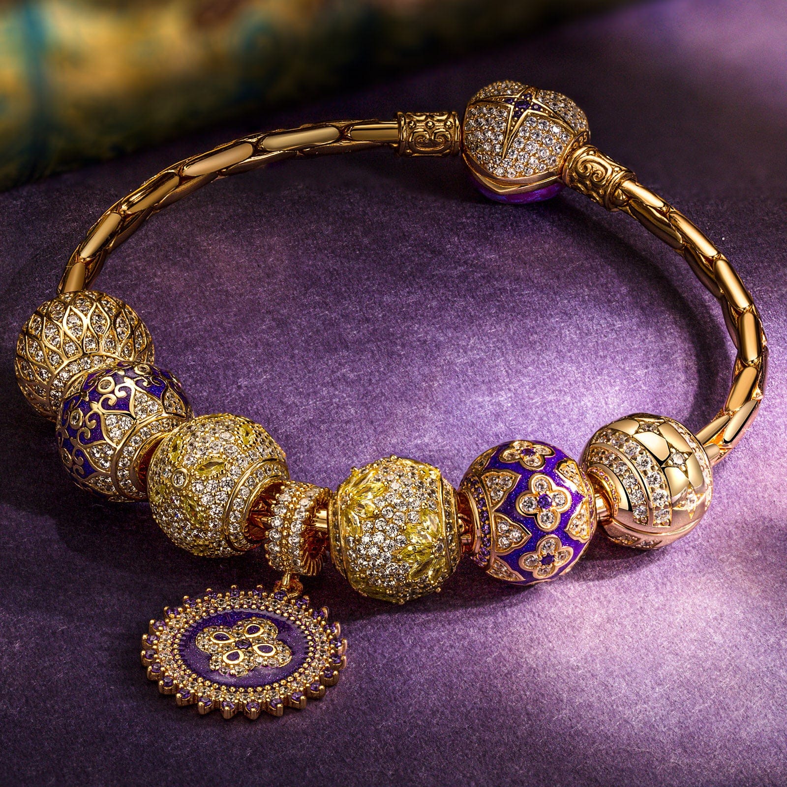 Sterling Silver Royal Purple Charms Bracelet Set With Enamel In 14K Gold Plated (Includes bracelet and all charms shown) - Image 2