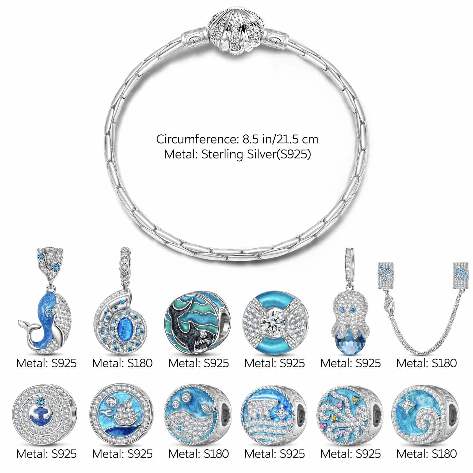 Sterling Silver Treasures of the Ocean Charms Bracelet Set With Enamel In White Gold Plated (Includes bracelet and all charms shown) - Image 2