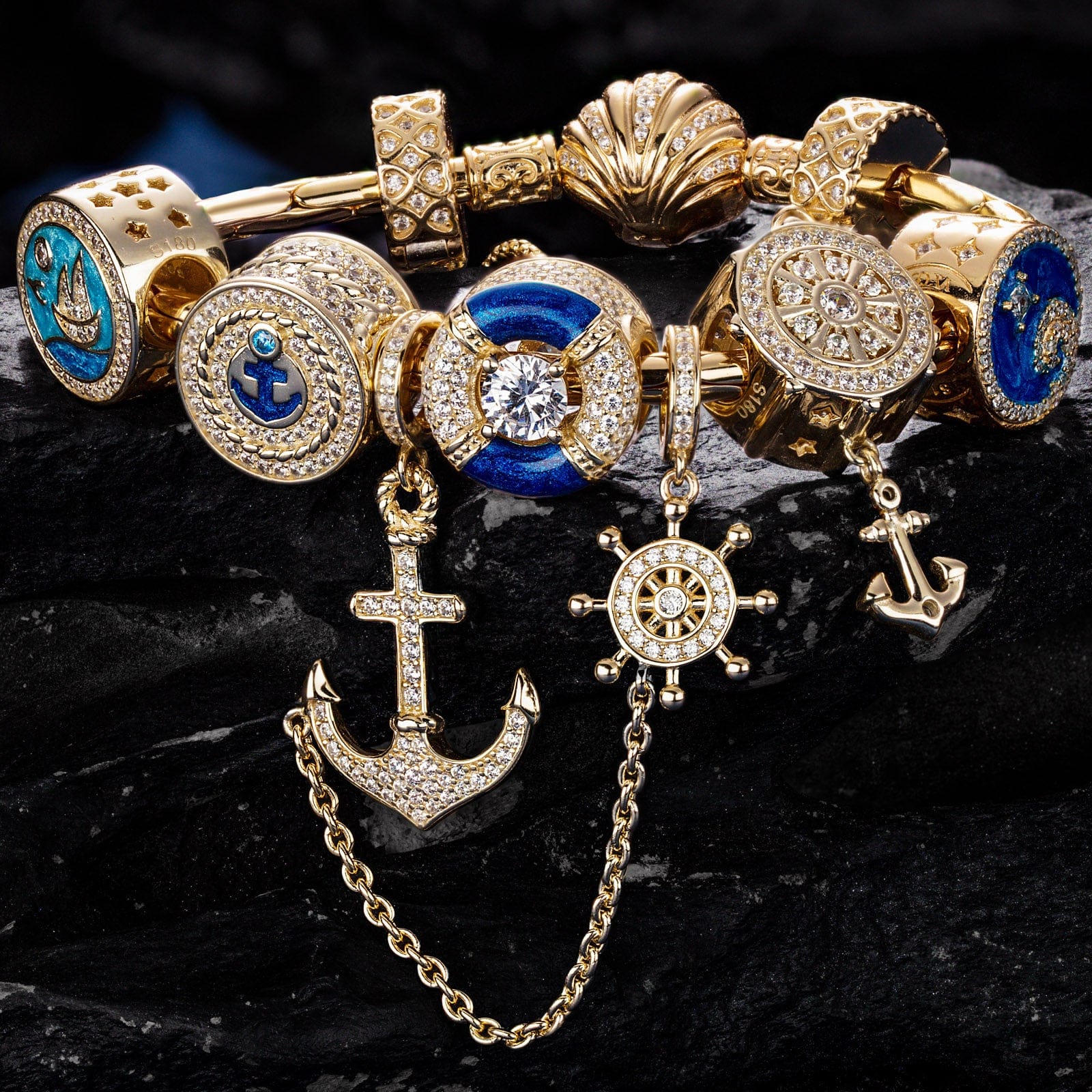 Sterling Silver Anchored in Ocean Serenity Charms Bracelet Set With Enamel In 14K Gold Plated (Includes bracelet and all charms shown) - Image 3