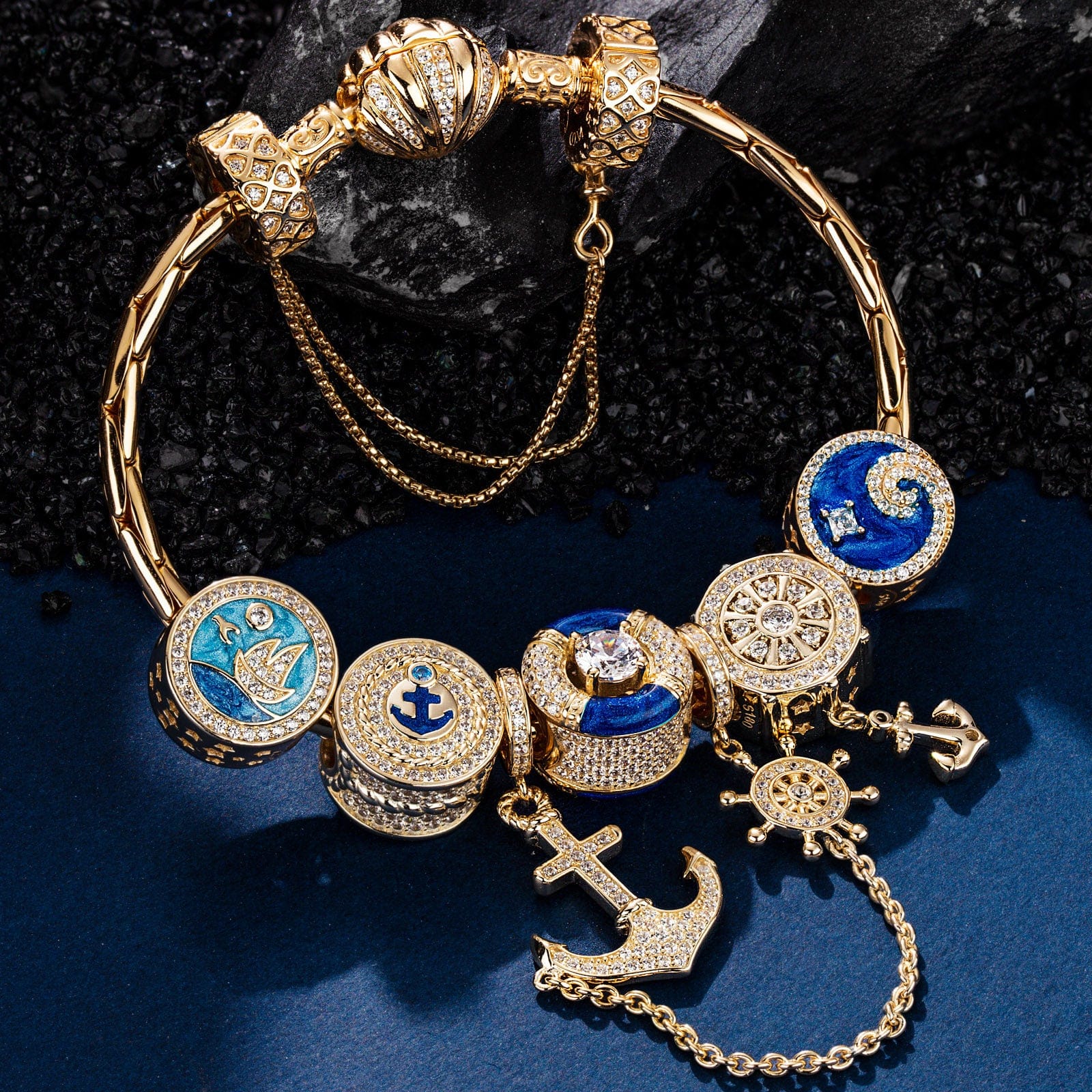 Sterling Silver Anchored in Ocean Serenity Charms Bracelet Set With Enamel In 14K Gold Plated (Includes bracelet and all charms shown) - Image 4