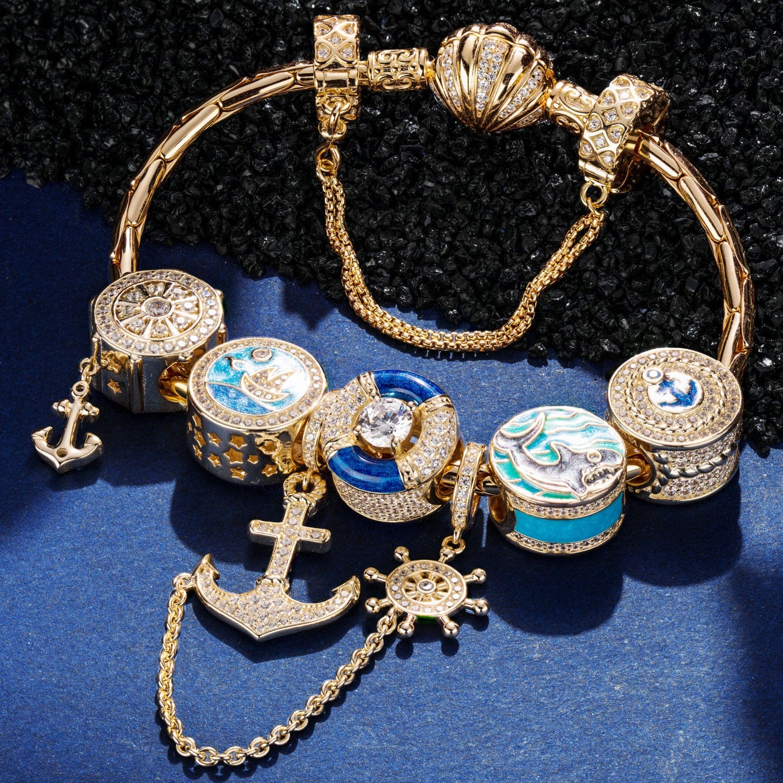 Sterling Silver Ocean Adventure Charms Bracelet Set With Enamel In 14K Gold Plated (Includes bracelet and all charms shown) - Image 3