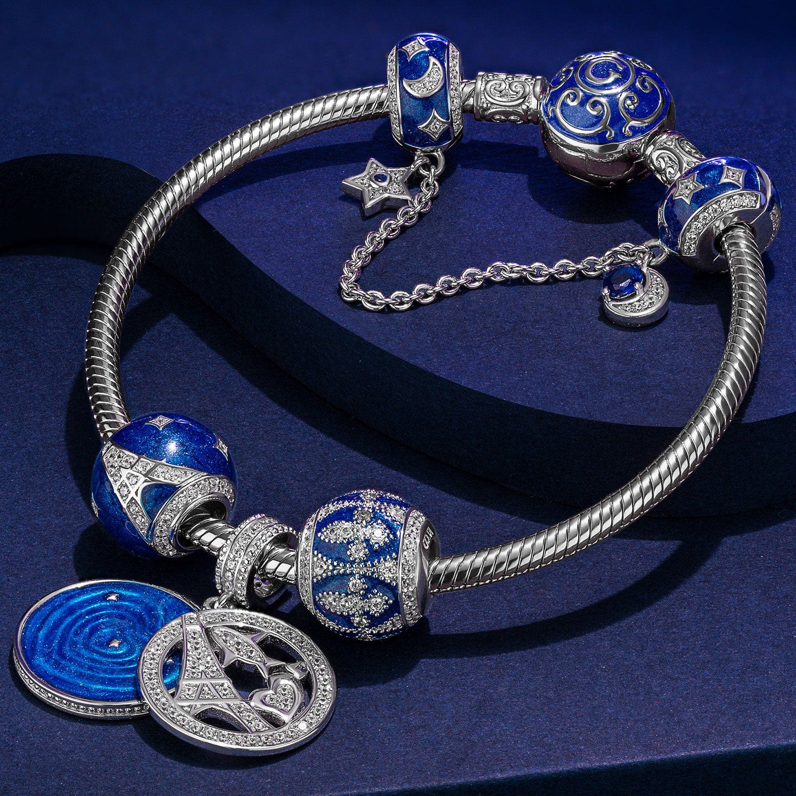 Sterling Silver Eiffel Tower Charms Bracelet Set With Enamel In White Gold Plated (Includes bracelet and all charms shown)