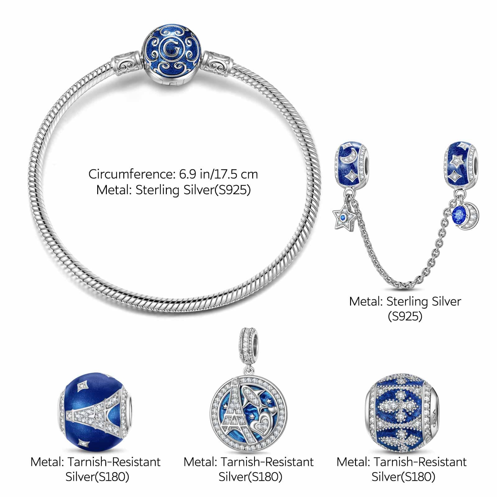 Sterling Silver Eiffel Tower Charms Bracelet Set With Enamel In White Gold Plated (Includes bracelet and all charms shown) - Image 2