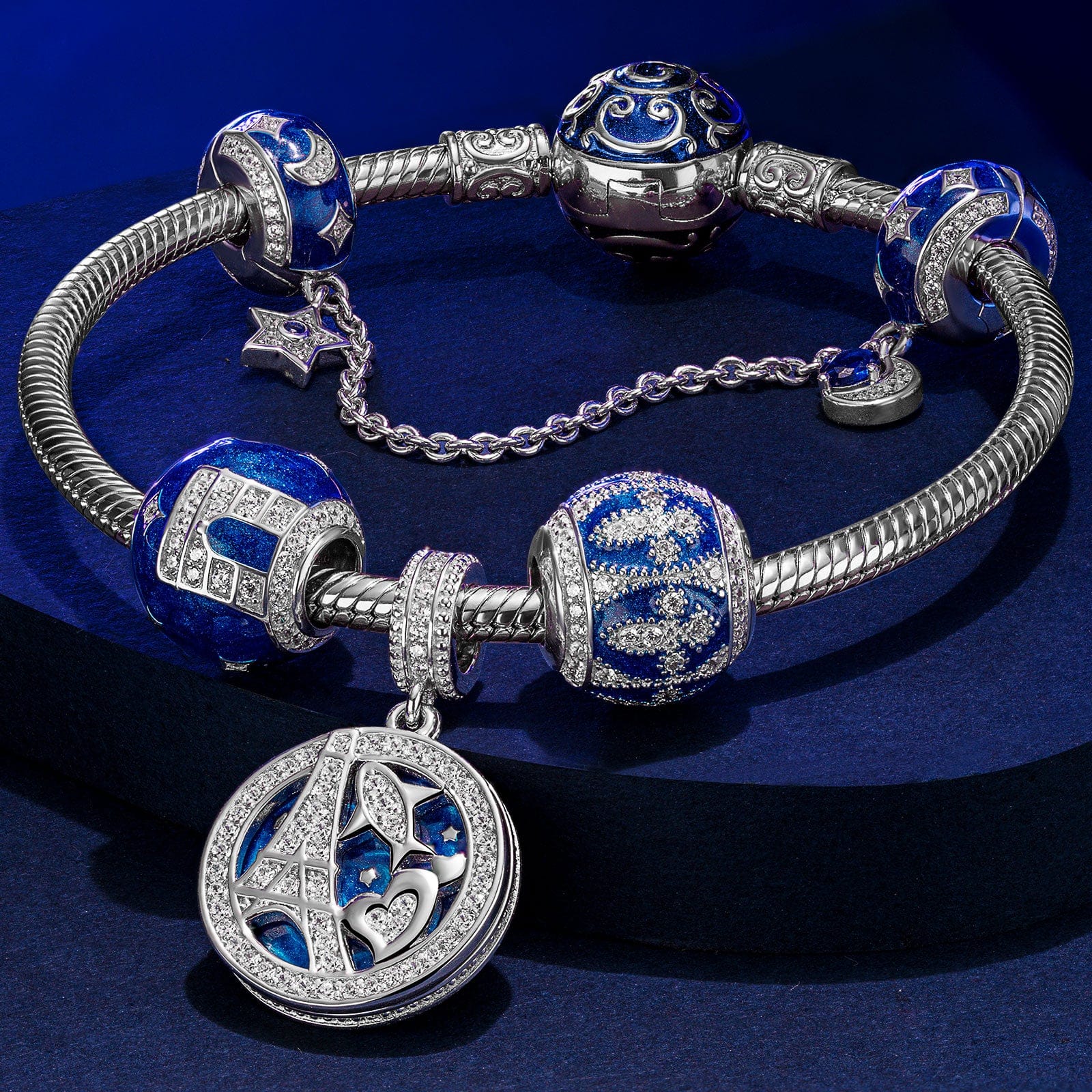 Sterling Silver Eiffel Tower Charms Bracelet Set With Enamel In White Gold Plated (Includes bracelet and all charms shown) - Image 3