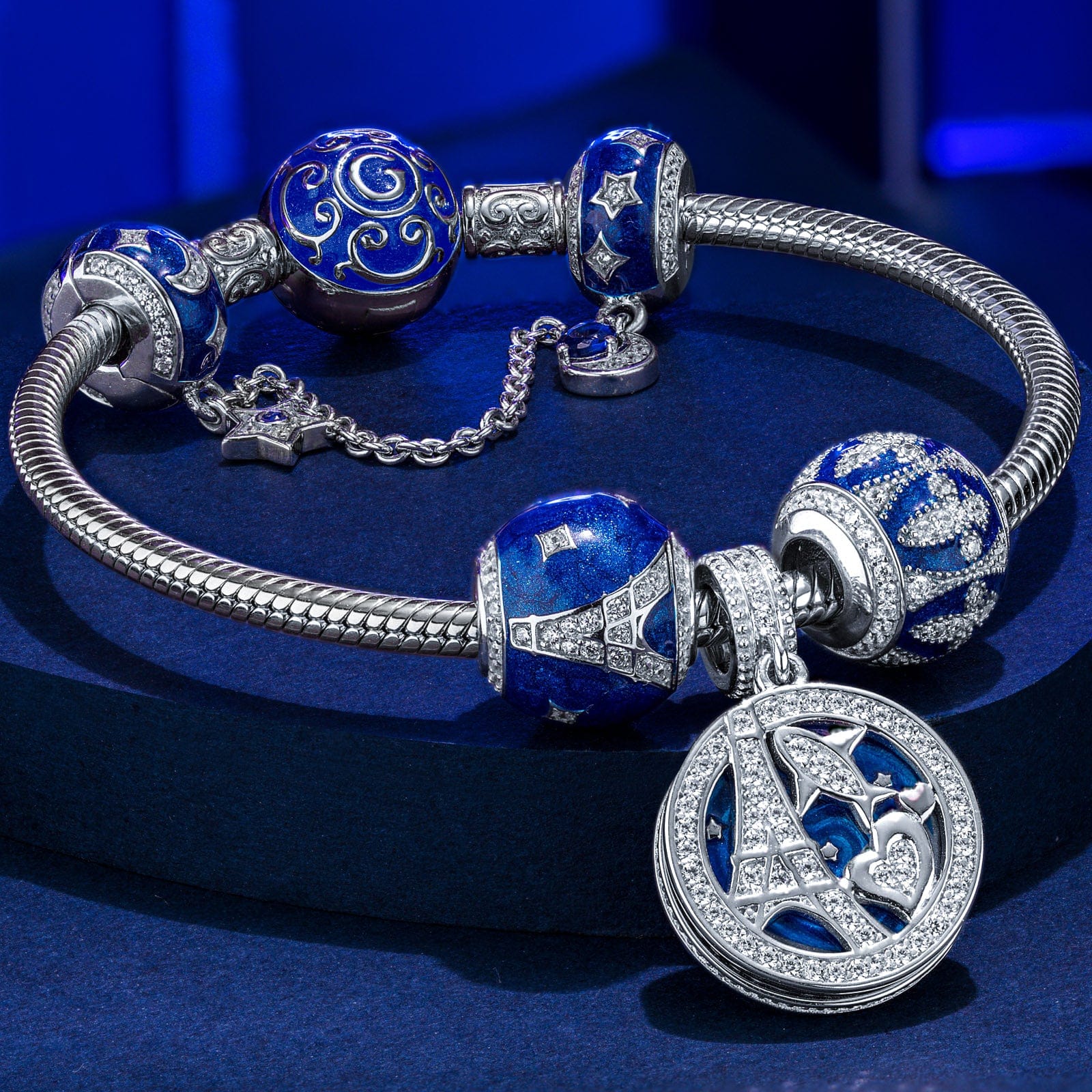 Sterling Silver Eiffel Tower Charms Bracelet Set With Enamel In White Gold Plated (Includes bracelet and all charms shown) - Image 4