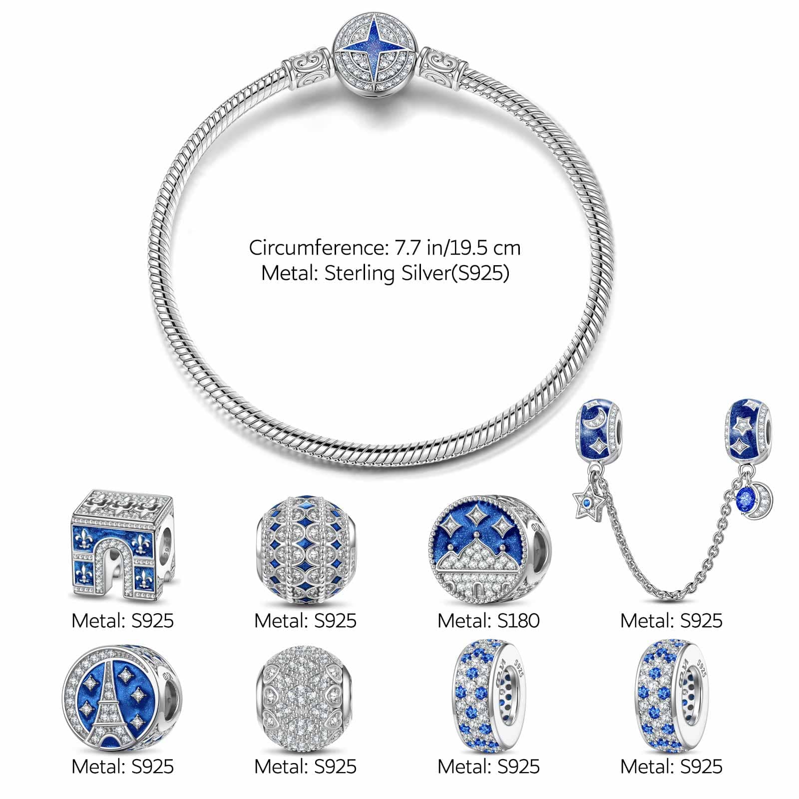 Sterling Silver Brilliant Azure Charms Bracelet Set With Enamel In White Gold Plated (Includes bracelet and all charms shown) - Image 2