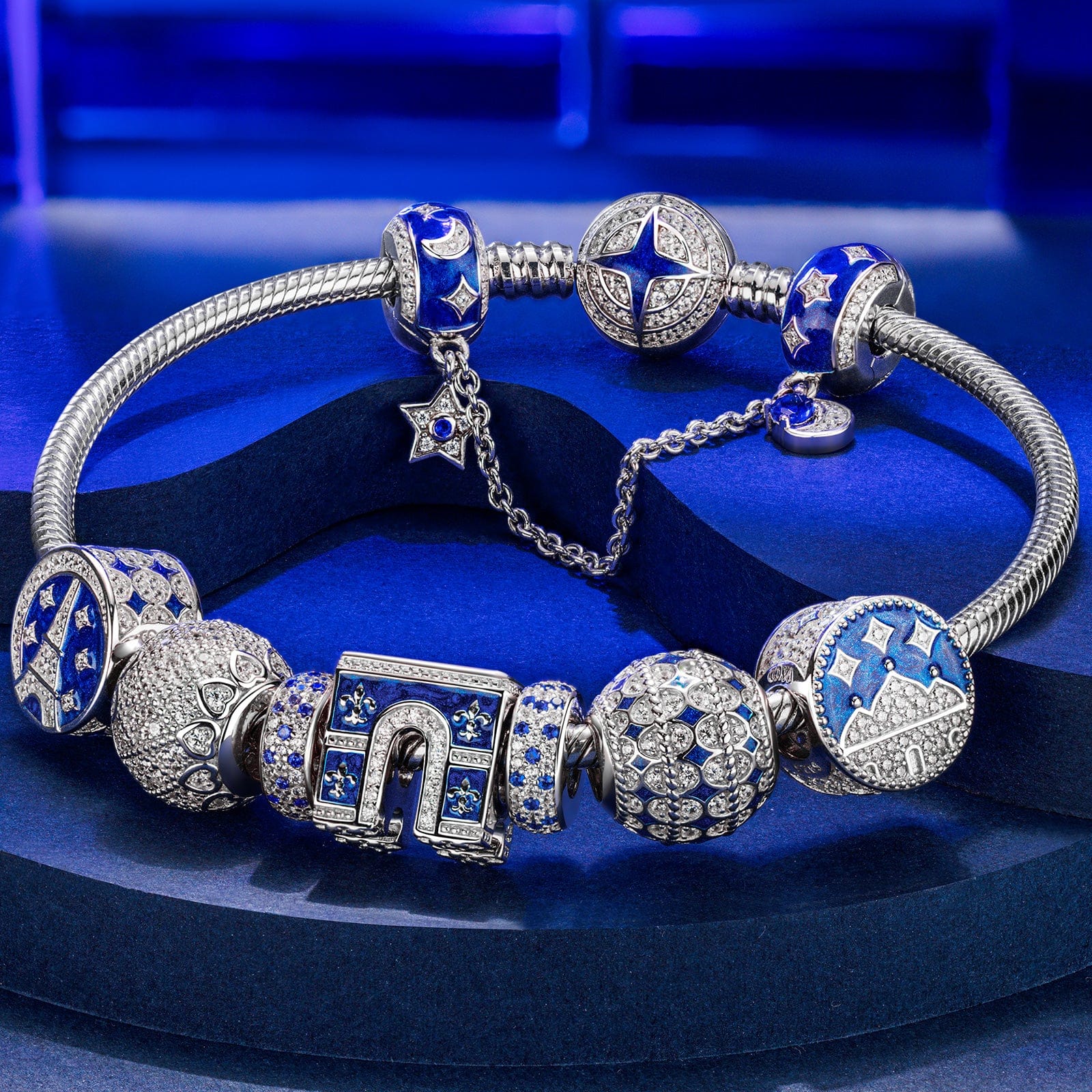 Sterling Silver Brilliant Azure Charms Bracelet Set With Enamel In White Gold Plated (Includes bracelet and all charms shown) - Image 3