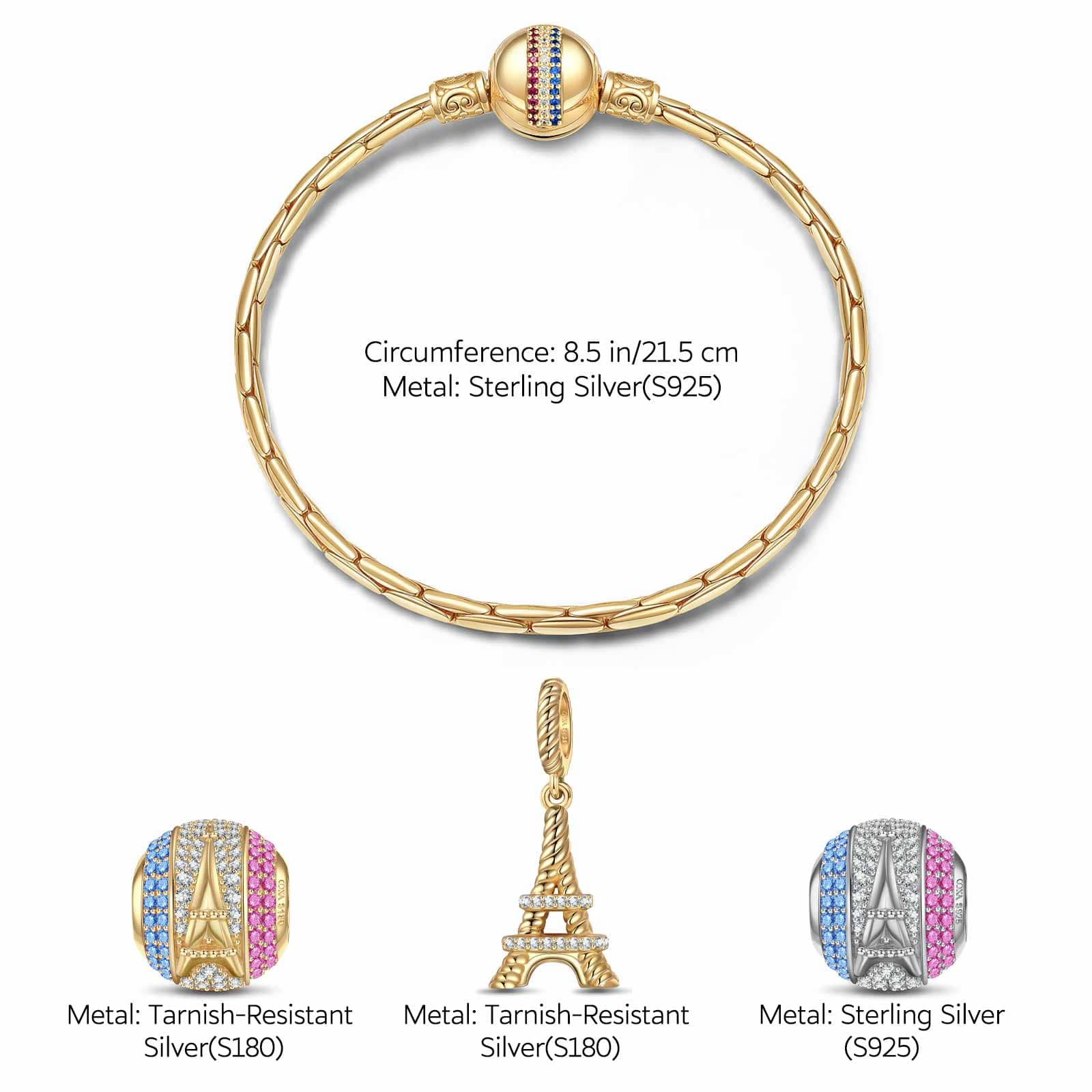 Sterling Silver Paris Symbol Charms Bracelet Set, Featuring Dual Plating in 14K Gold and White Gold (Includes bracelet and all charms shown) - Image 2