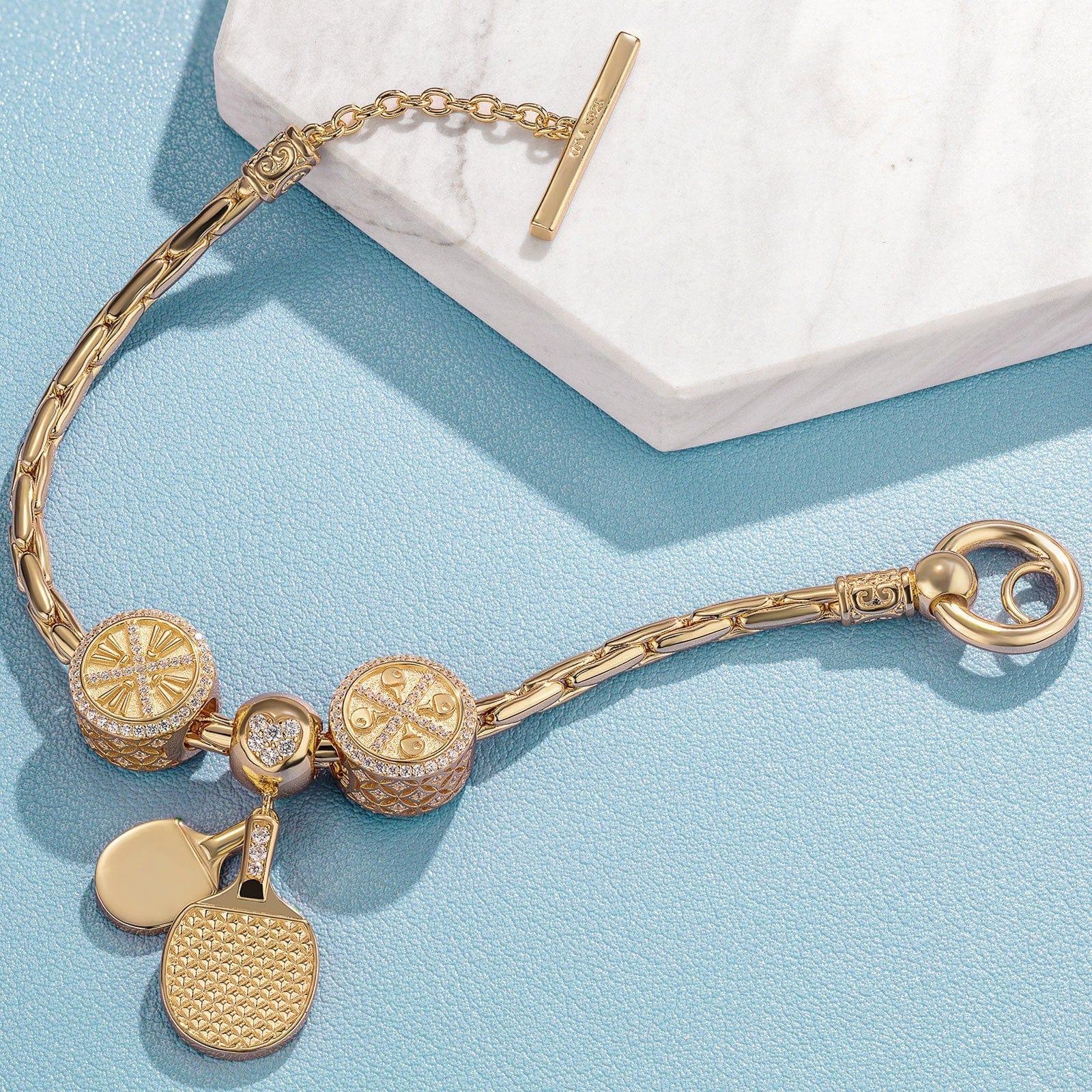 Sterling Silver Gold Ping Pong Charms Bracelet Set With Enamel In 14K Gold Plated (Includes bracelet and all charms shown) - Image 4