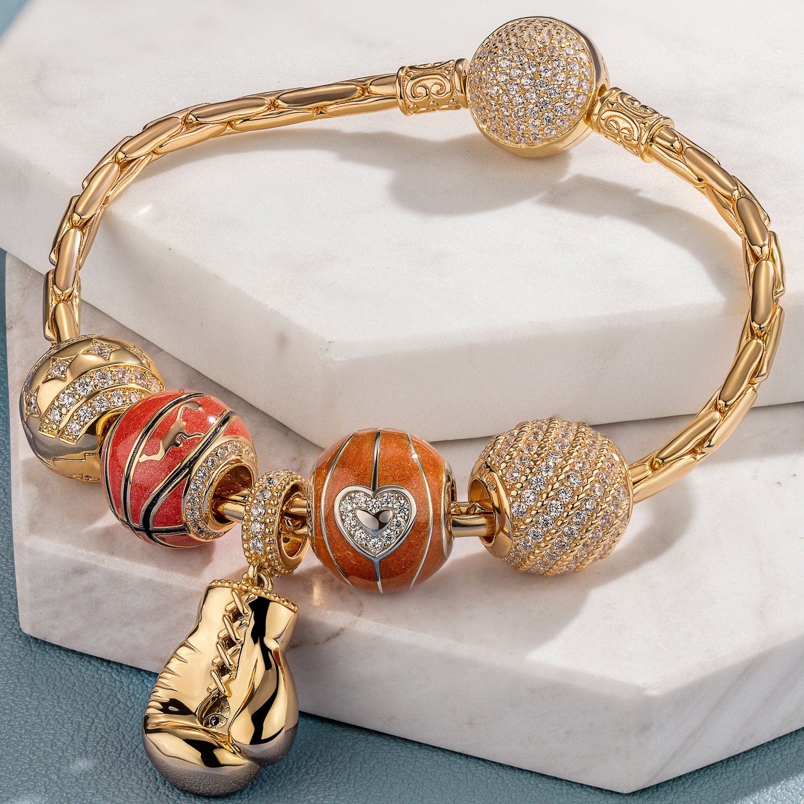 Sterling Silver Passion for Basketball Charms Bracelet Set With Enamel In 14K Gold Plated (Includes bracelet and all charms shown) - Image 4