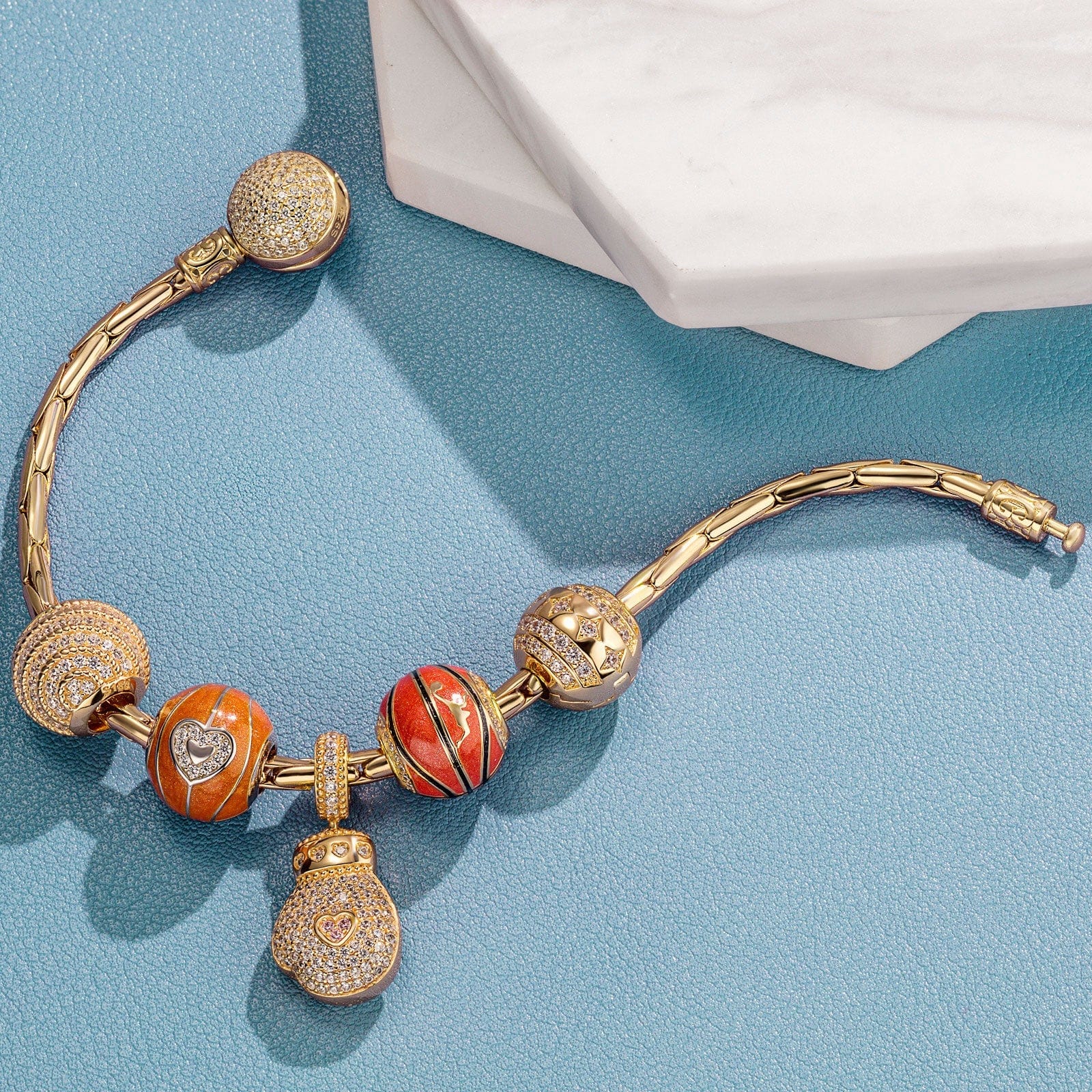 Sterling Silver Passion for Basketball Charms Bracelet Set With Enamel In 14K Gold Plated (Includes bracelet and all charms shown) - Image 5
