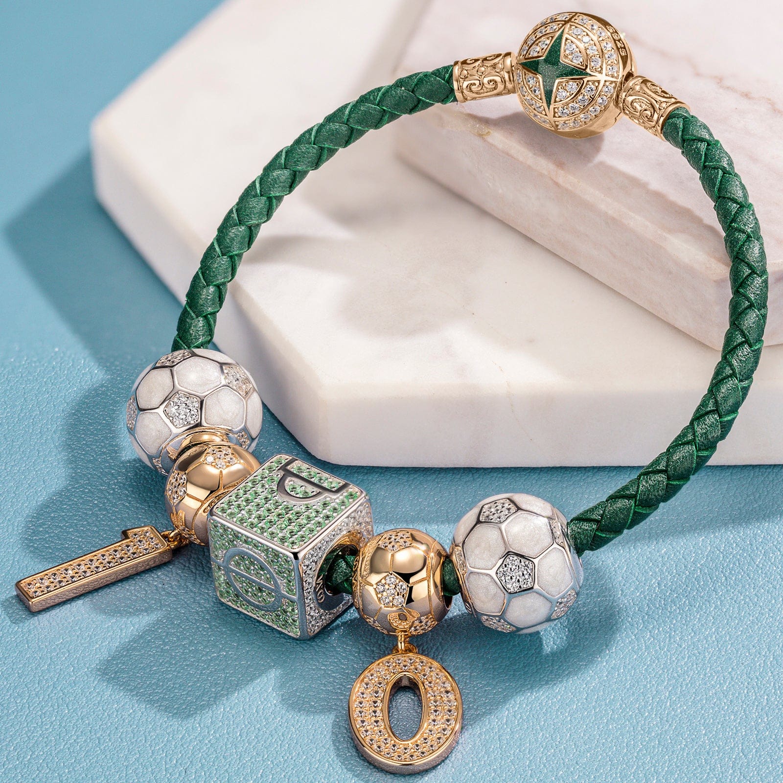 Sterling Silver Soccer King Charms Bracelet Set With Enamel, Featuring Dual Plating in 14K Gold and White Gold (Includes bracelet and all charms shown) - Image 3