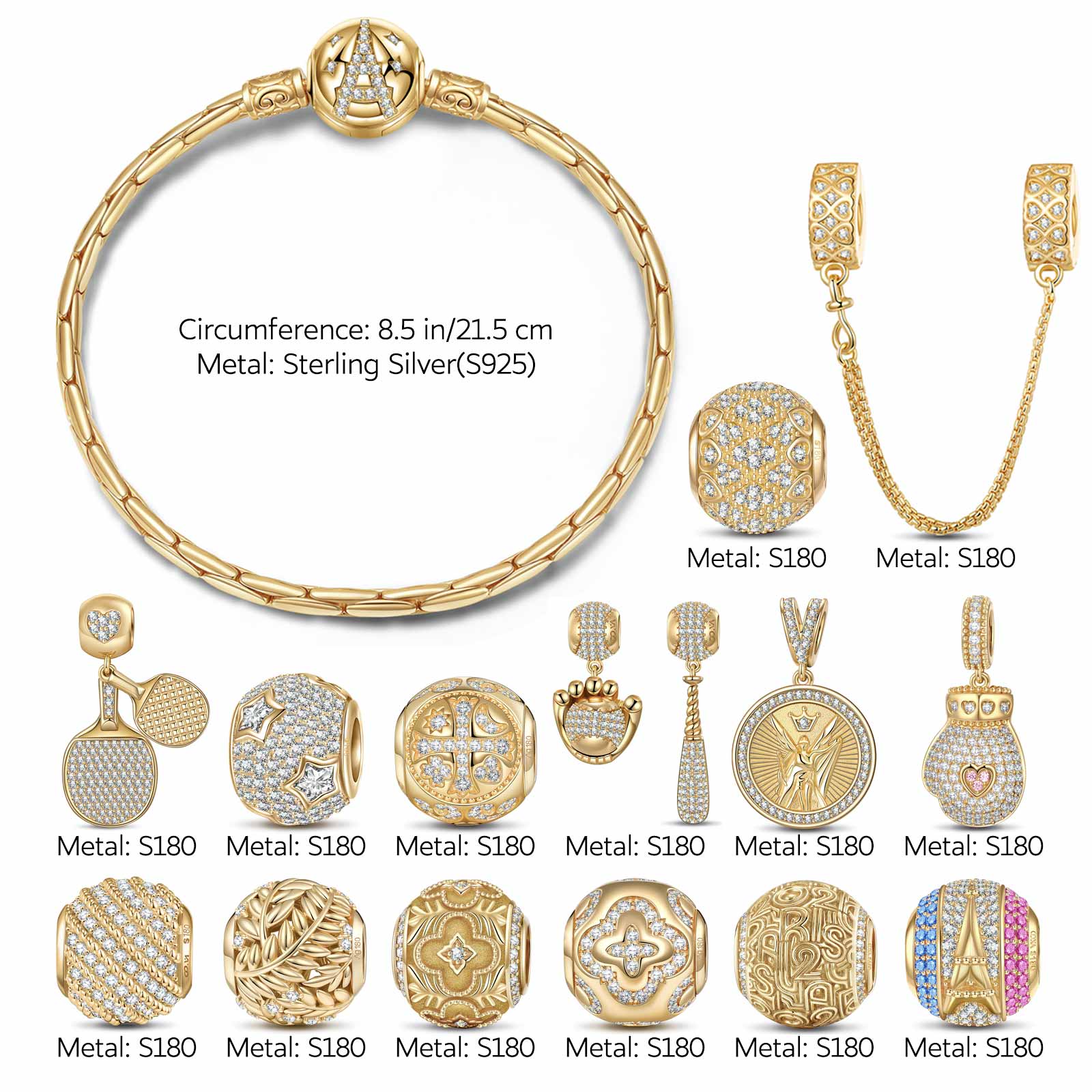 Sterling Silver New Age Sportsmanship Charms Bracelet Set In 14K Gold Plated (Includes bracelet and all charms shown) - Image 2