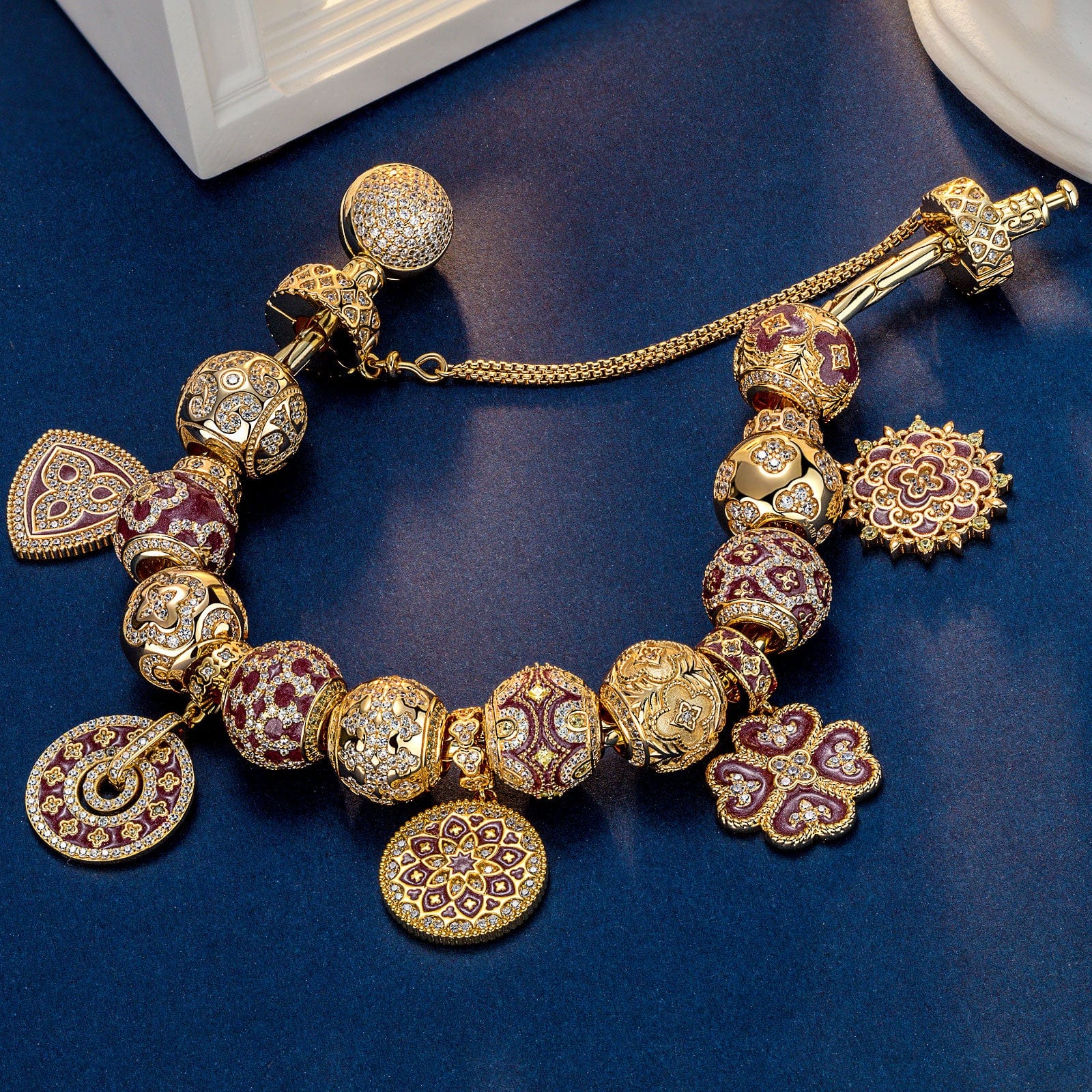 Sterling Silver Crimson Floral Charms Bracelet Set With Enamel In 14K Gold Plated (Includes bracelet and all charms shown) - Image 5