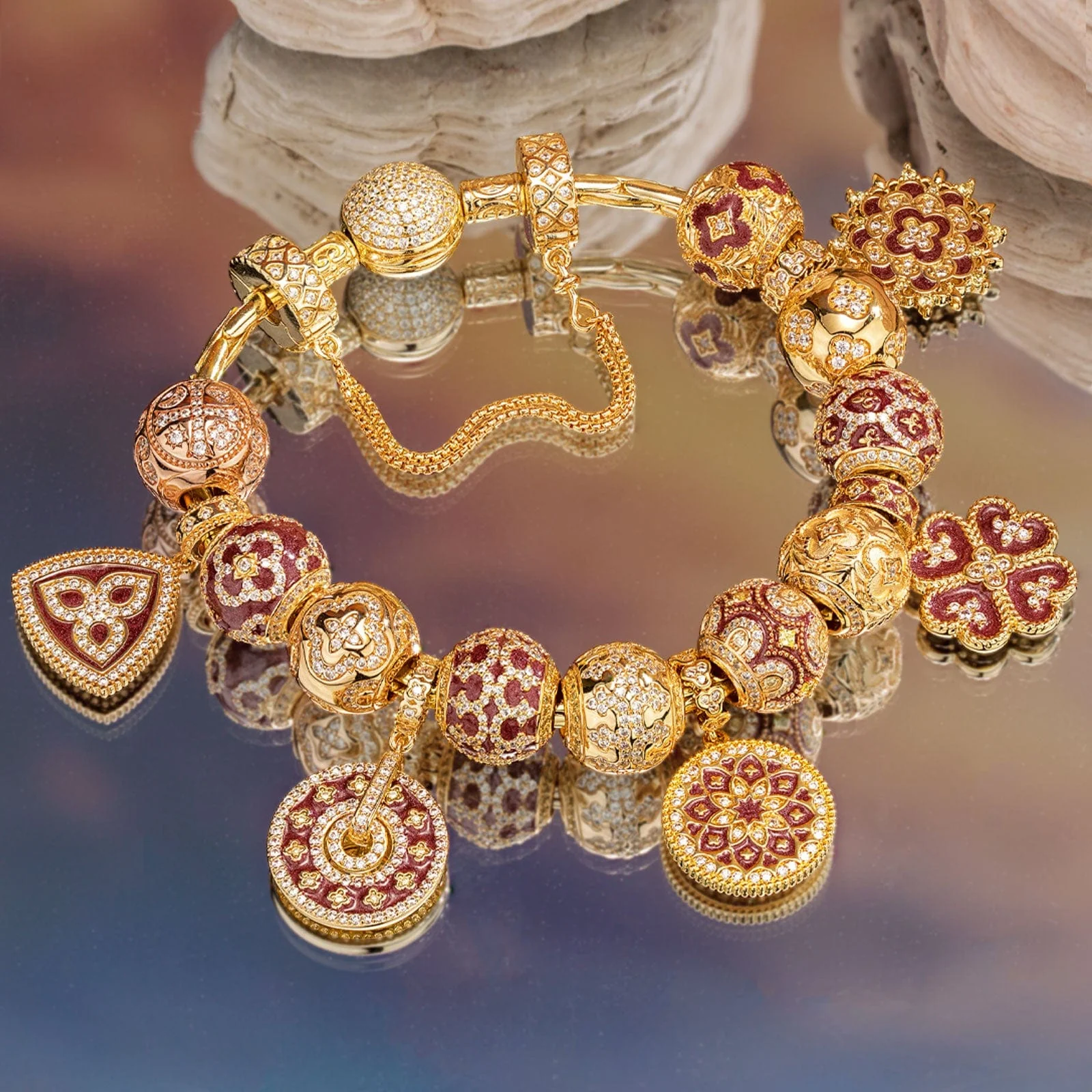 Sterling Silver Crimson Floral Charms Bracelet Set With Enamel In 14K Gold Plated (Includes bracelet and all charms shown) - Image 3