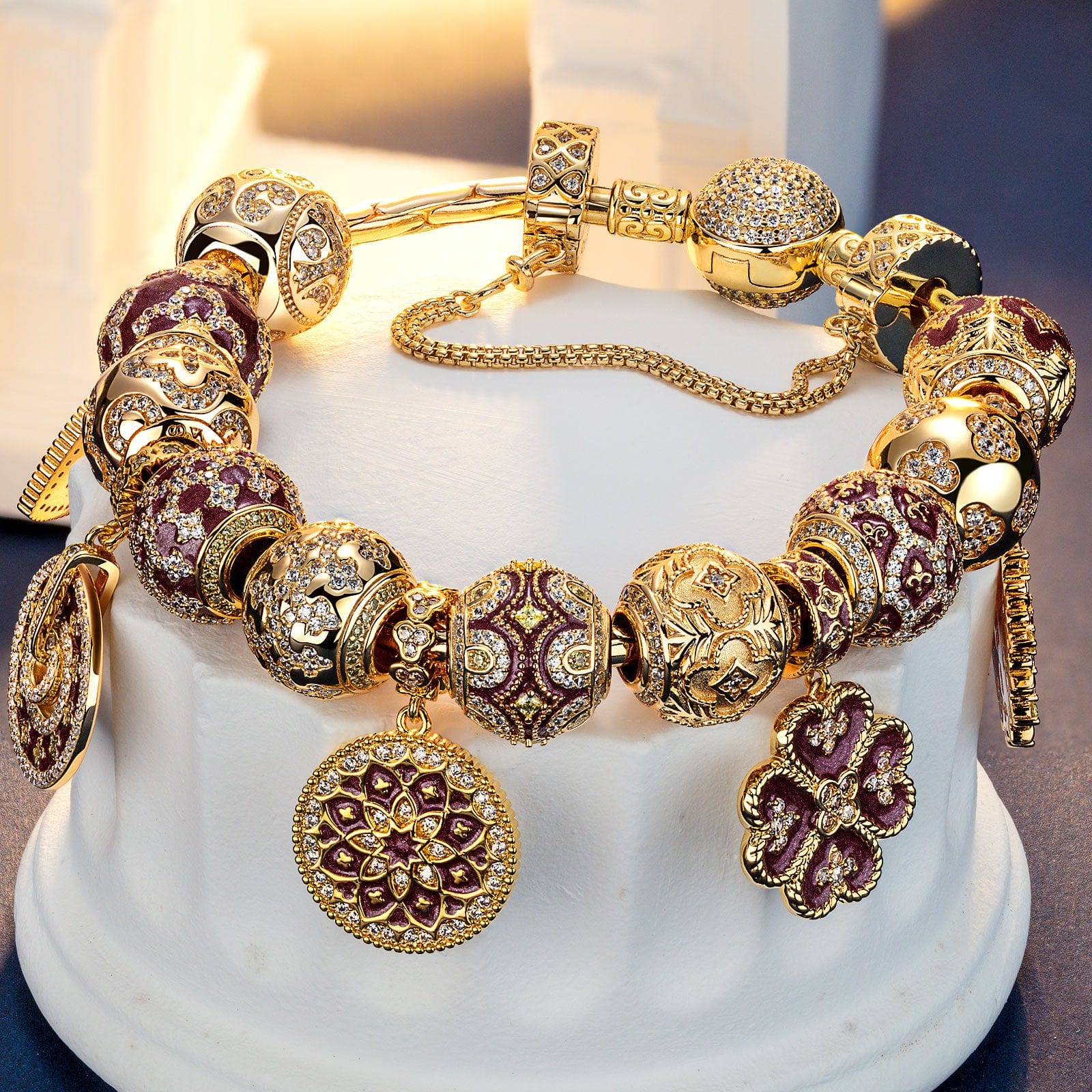 Sterling Silver Crimson Floral Charms Bracelet Set With Enamel In 14K Gold Plated (Includes bracelet and all charms shown) - Image 4