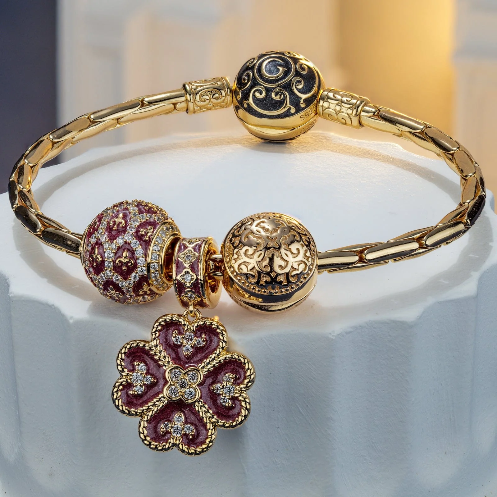 Sterling Silver Lucky Blooms Charms Bracelet Set With Enamel In 14K Gold Plated (Includes bracelet and all charms shown) - Image 3