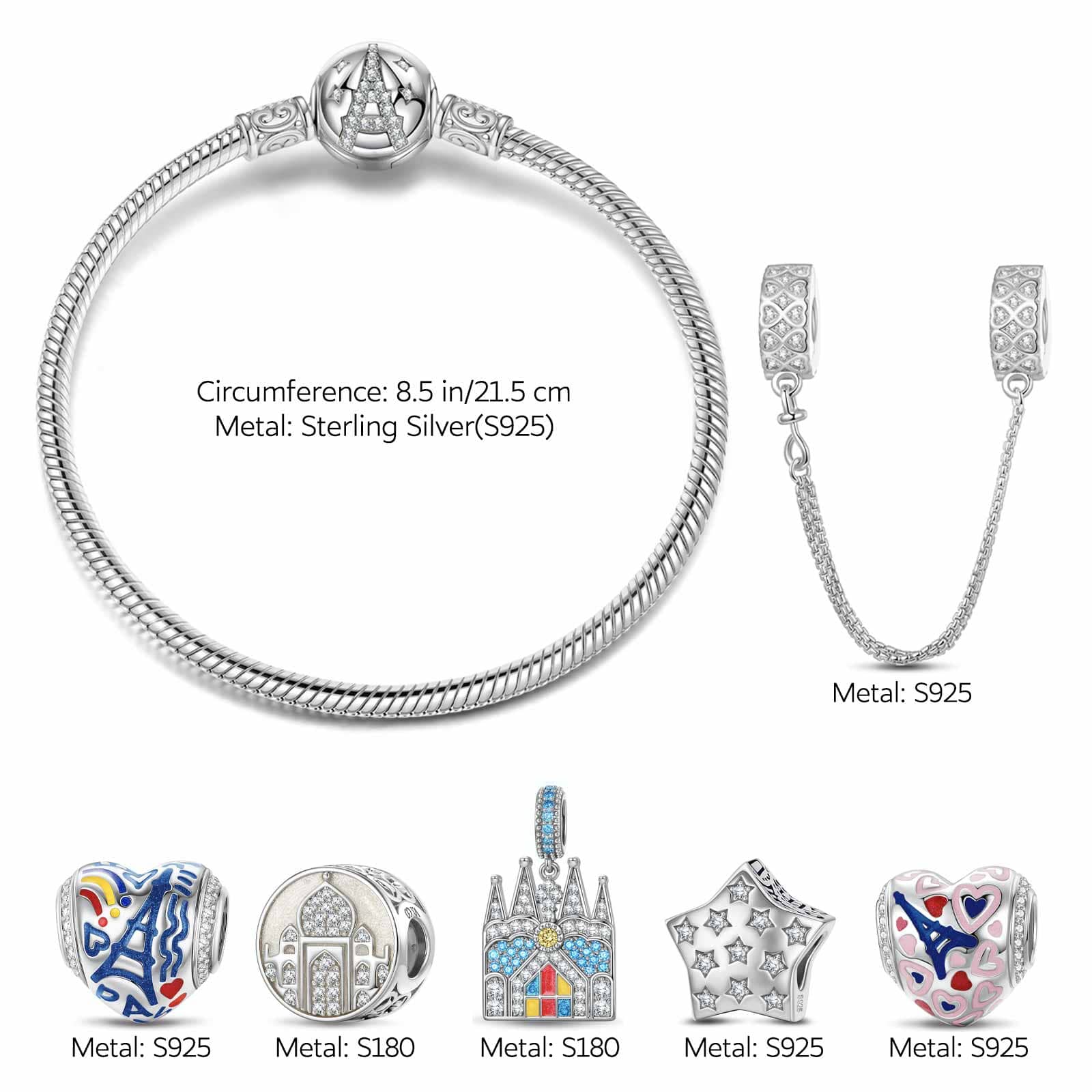 Sterling Silver Vibrant Array Charms Bracelet Set With Enamel In White Gold Plated (Includes bracelet and all charms shown) - Image 2