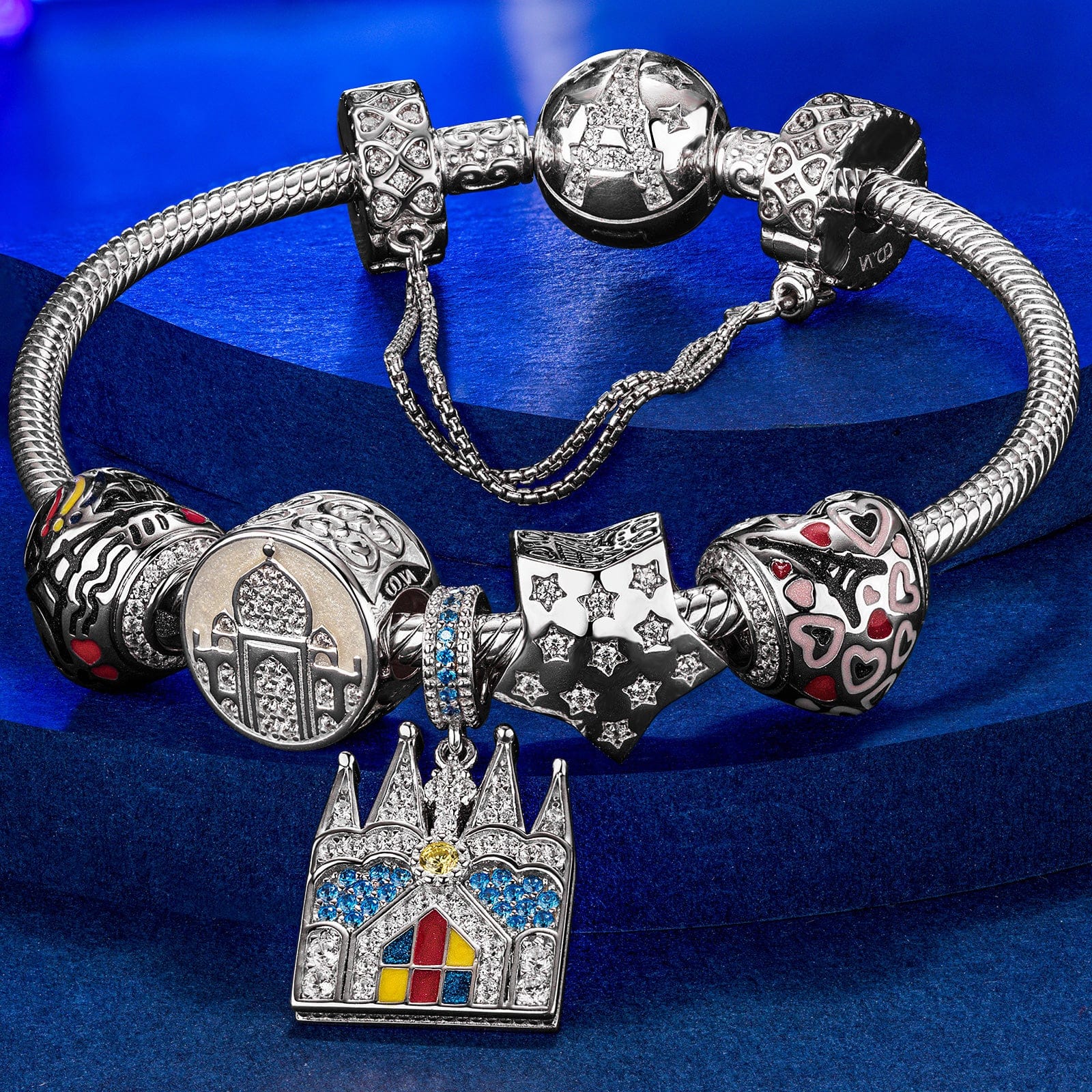 Sterling Silver Vibrant Array Charms Bracelet Set With Enamel In White Gold Plated (Includes bracelet and all charms shown) - Image 3