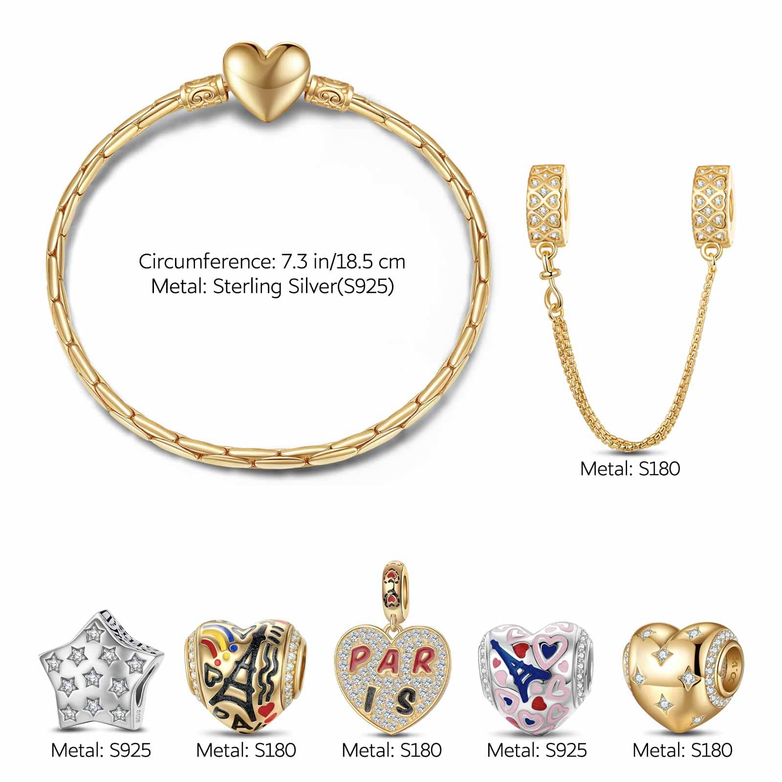 Sterling Silver Stars And Hearts Charms Bracelet Set With Enamel, Featuring Dual Plating in 14K Gold and White Gold (Includes bracelet and all charms shown) - Image 2
