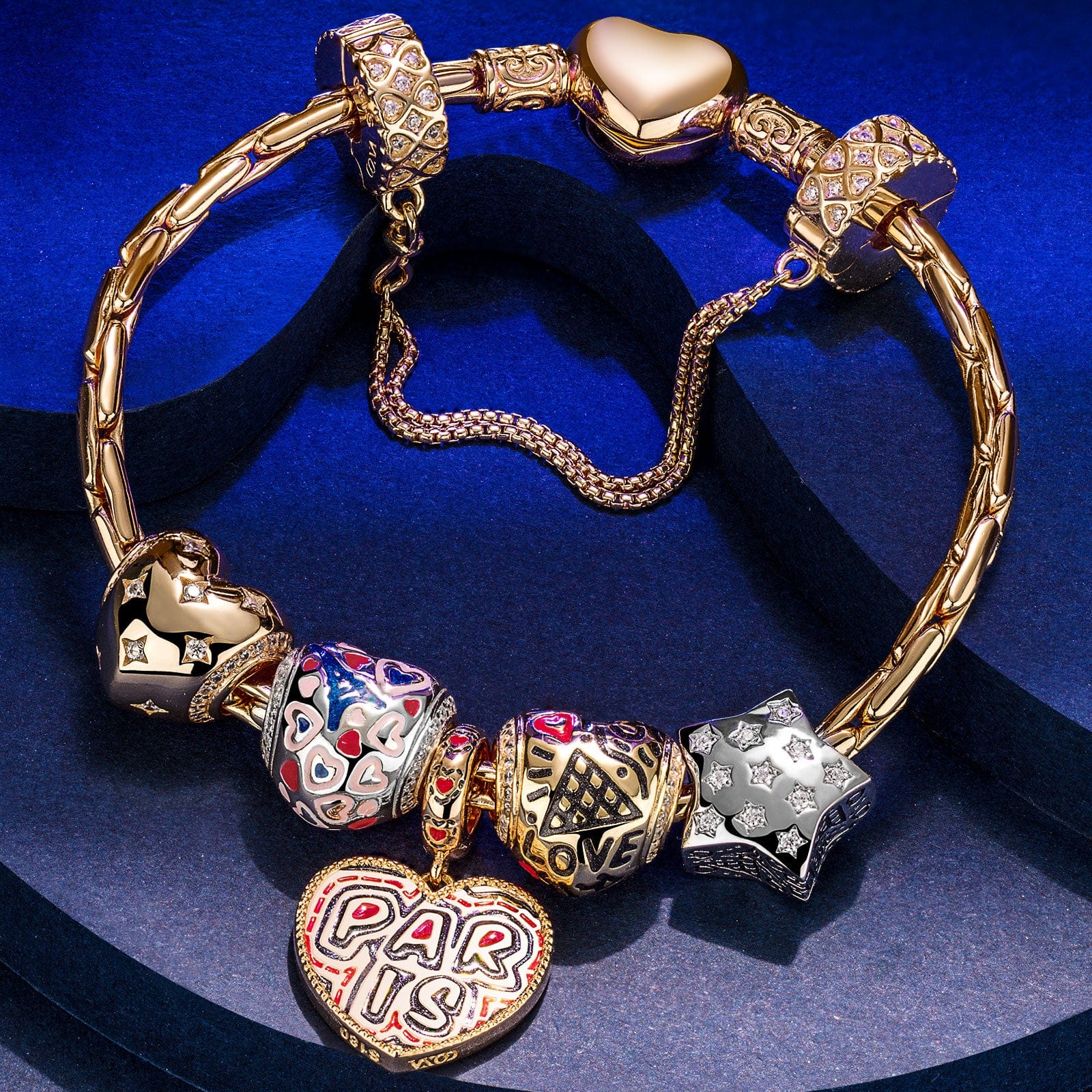 Sterling Silver Stars And Hearts Charms Bracelet Set With Enamel, Featuring Dual Plating in 14K Gold and White Gold (Includes bracelet and all charms shown) - Image 3